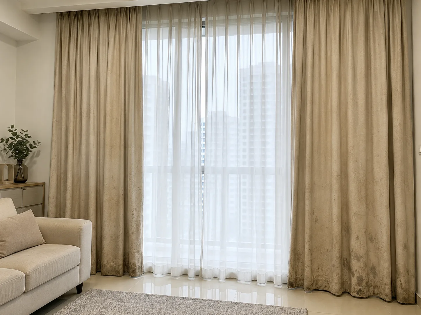 Living room curtains with built-up dirt before cleaning