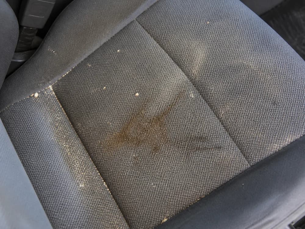 Fabric car seat with crumbs and stains