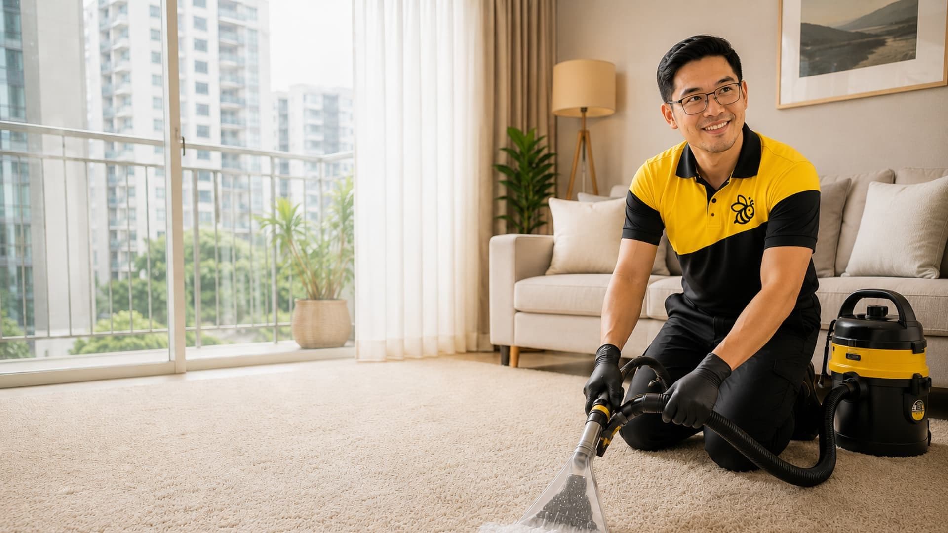 Yellowbee technician steam cleaning a carpet in a bright Penang condo living room