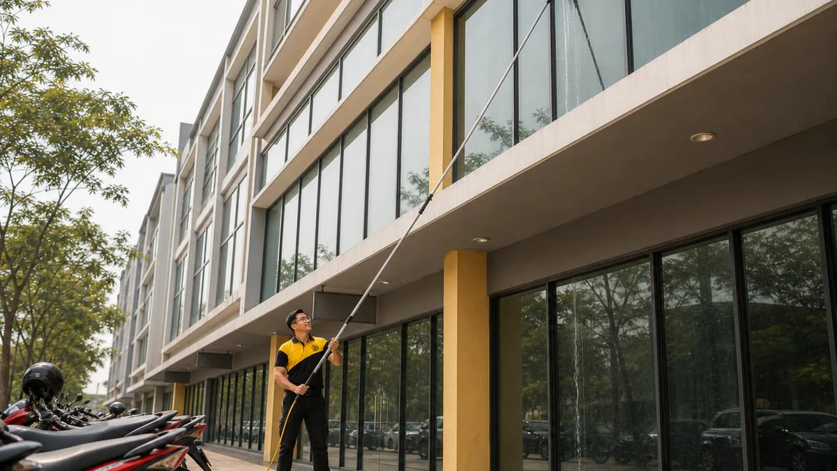 Cleaning upper-floor shop glass with a water-fed pole