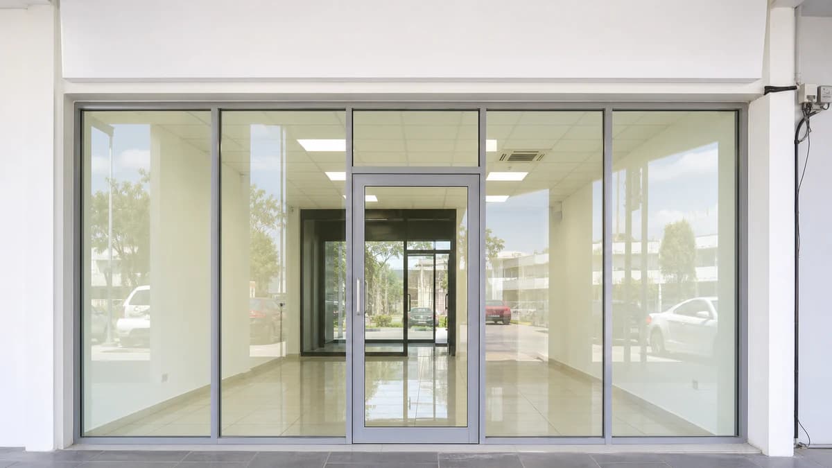 Finished shop-lot frontage — all glass panels clear