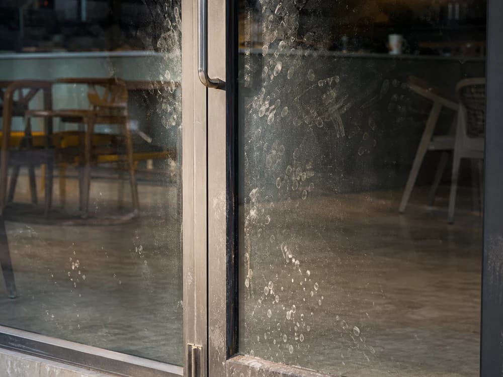 Cafe entrance glass door — smudges and dried splashes