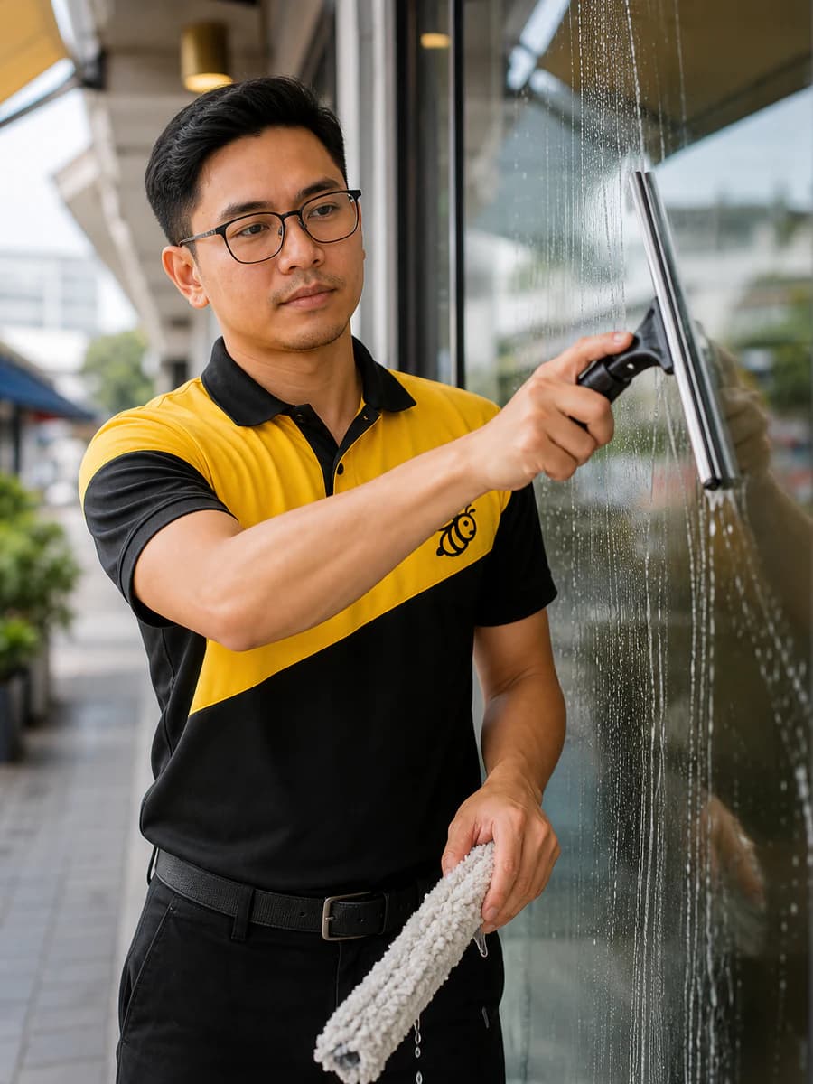 Squeegee in action on storefront glass