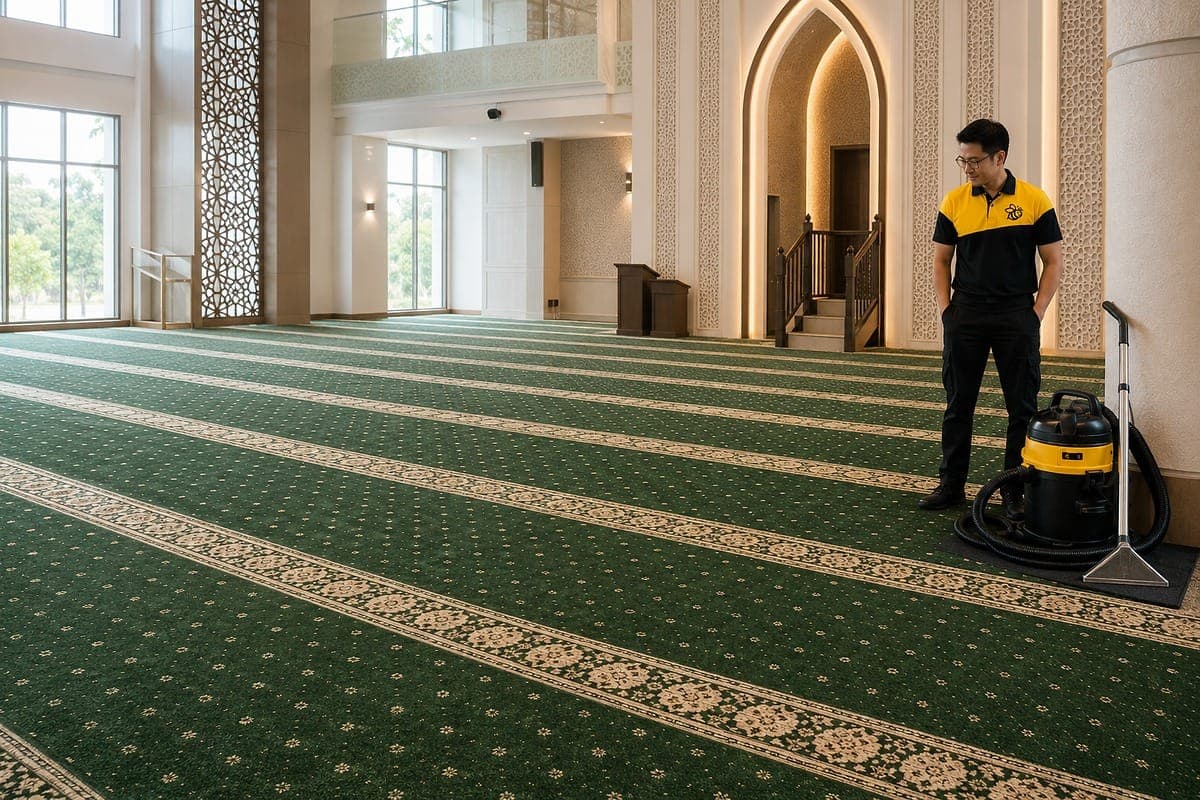 Dewan solat siap dicuci, karpet bersih sekata