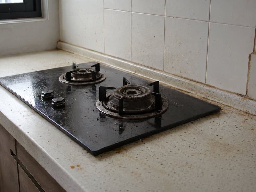 Empty unit kitchen — grease buildup