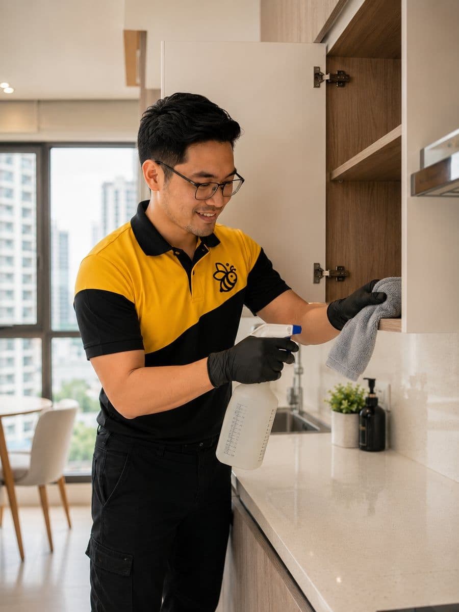 Technician wiping kitchen cabinets