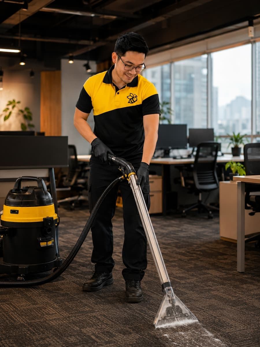 Cleaning in progress, office setting