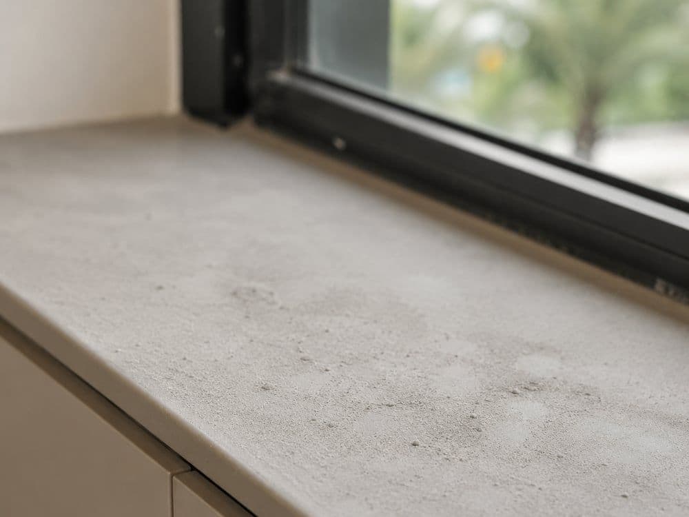 Windowsill coated in fine cement dust