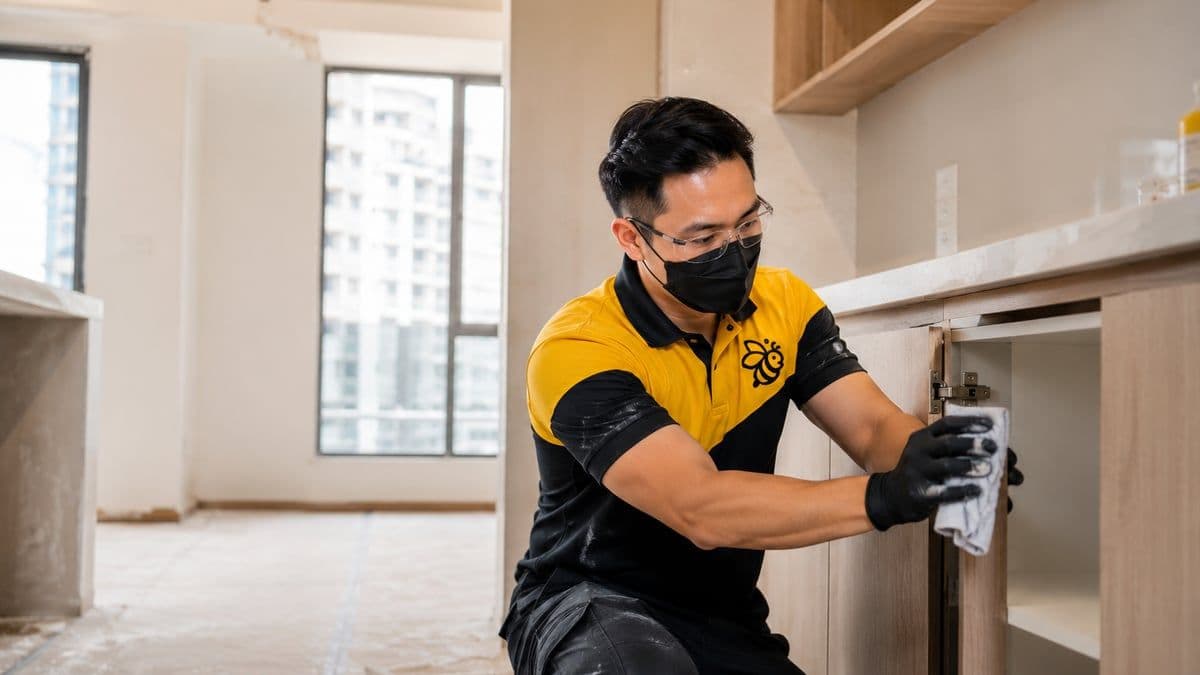 Team wiping down kitchen cabinets