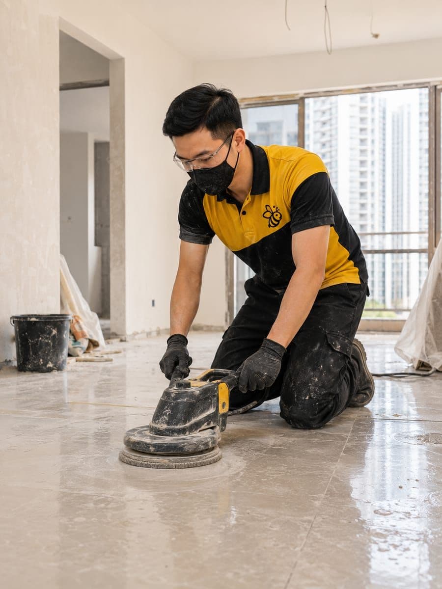 Technician scrubbing the floor