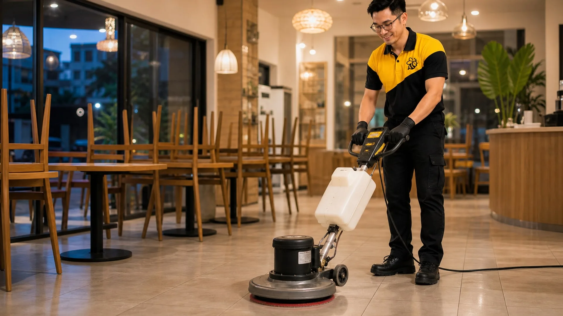 Scrubbing a dining-area floor