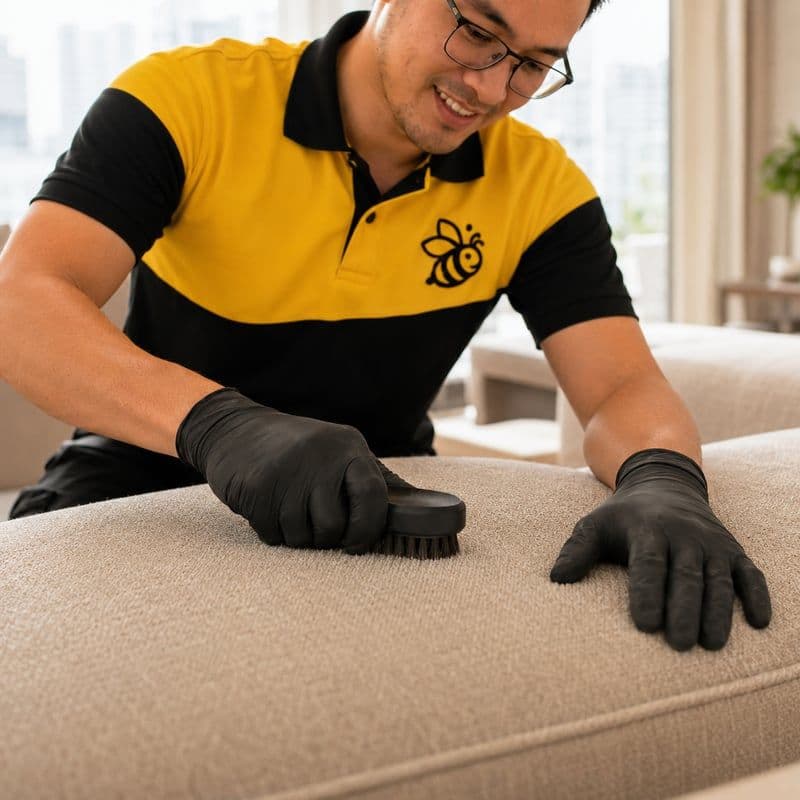 Juruteknik sedang cuci kusyen sofa