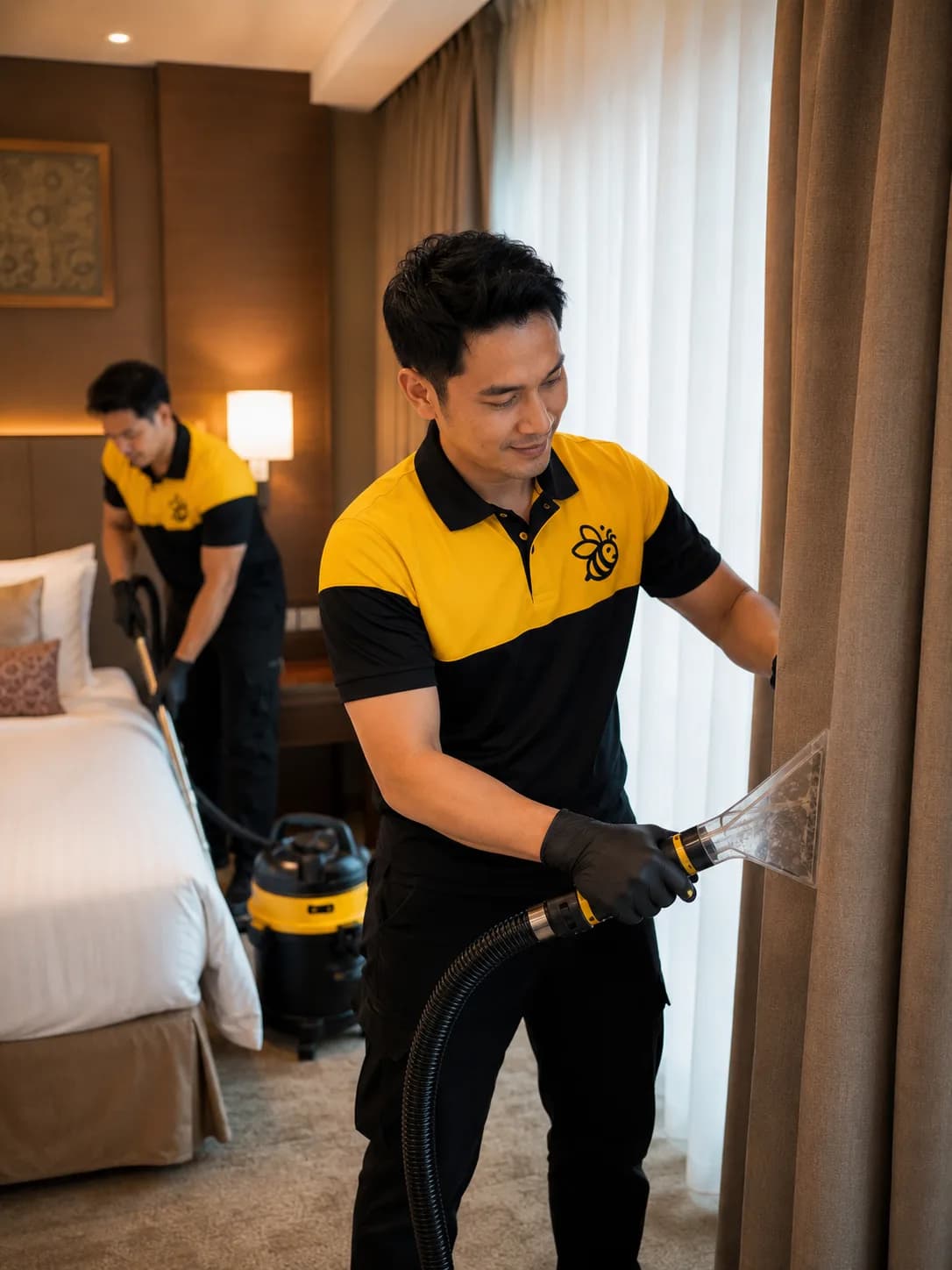 Yellowbee team cleaning hotel room curtains