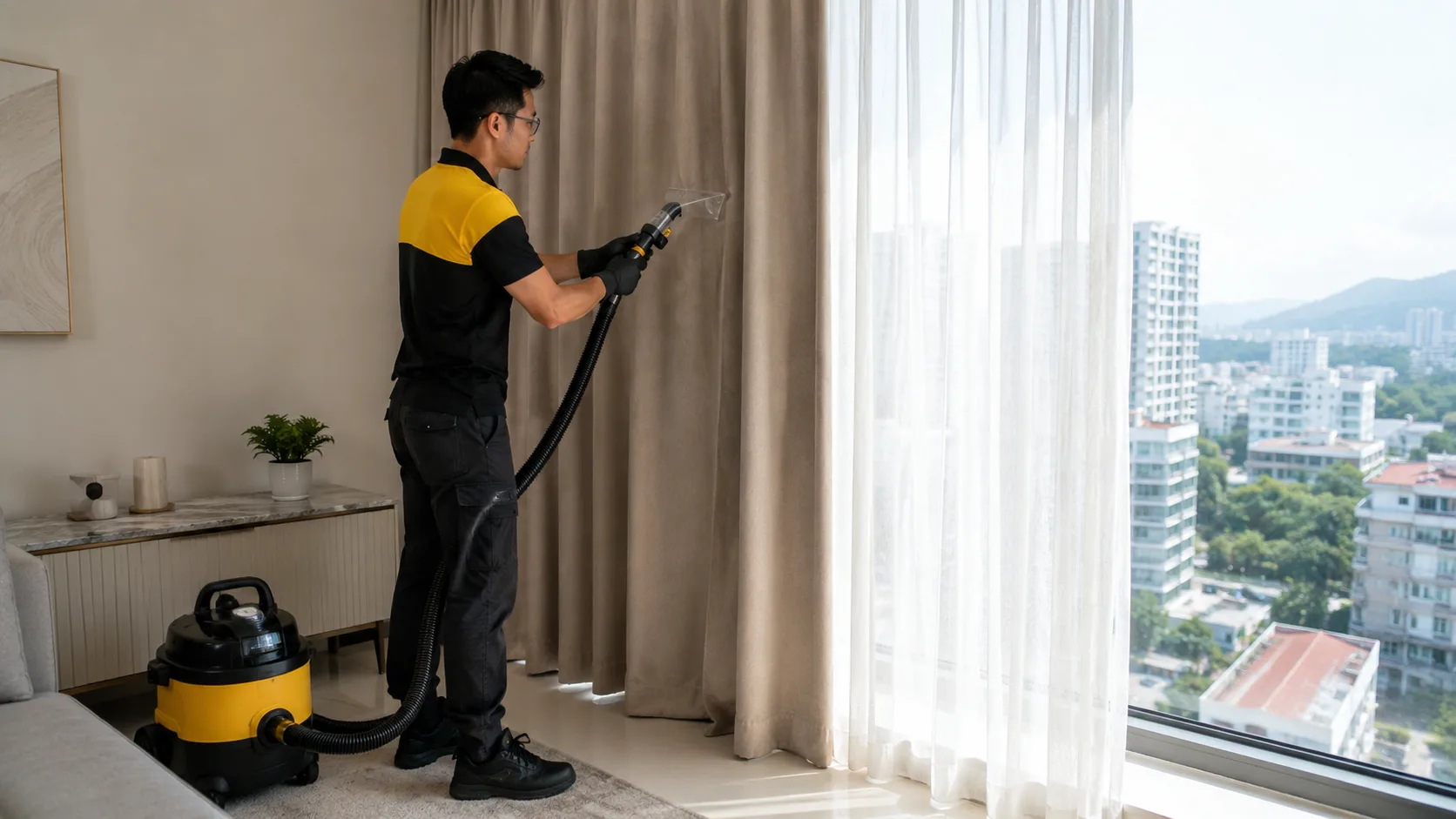 Yellowbee technician cleaning curtains in a Penang condo