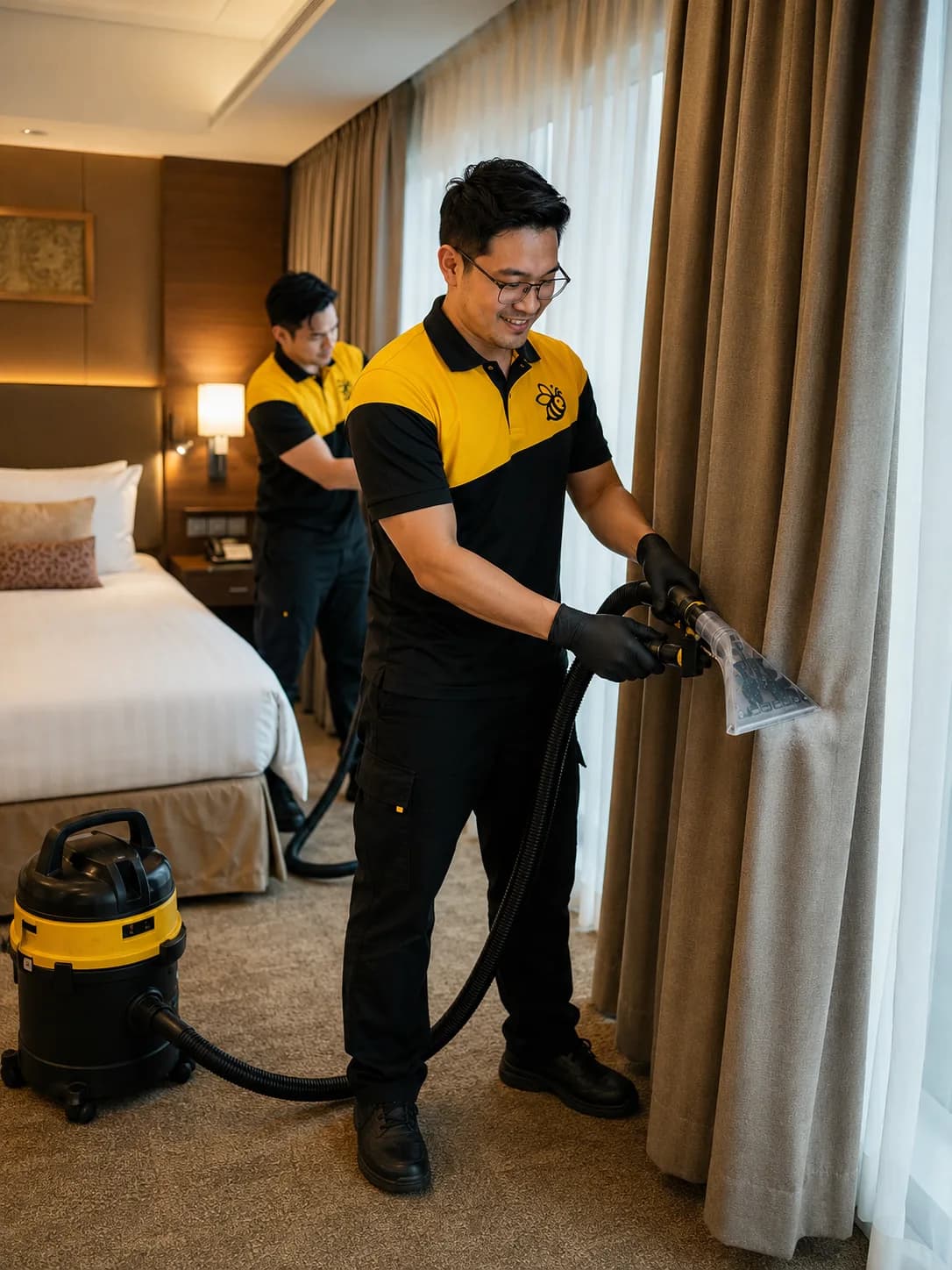Yellowbee technician cleaning hotel room curtains