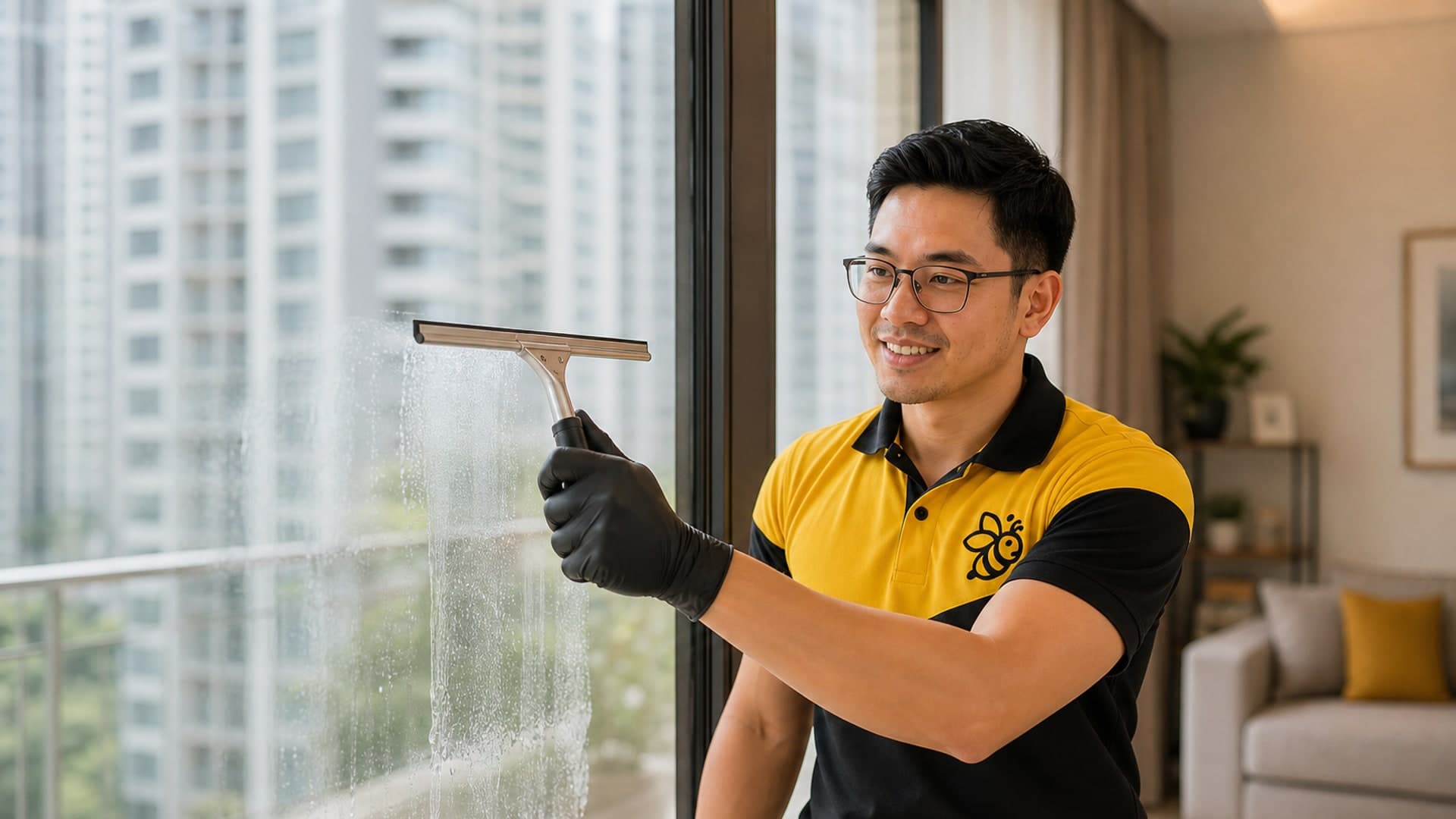 Yellowbee technician squeegeeing a glass sliding door in a Penang home