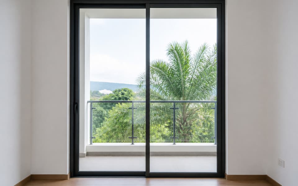 Full-height glass sliding door panel