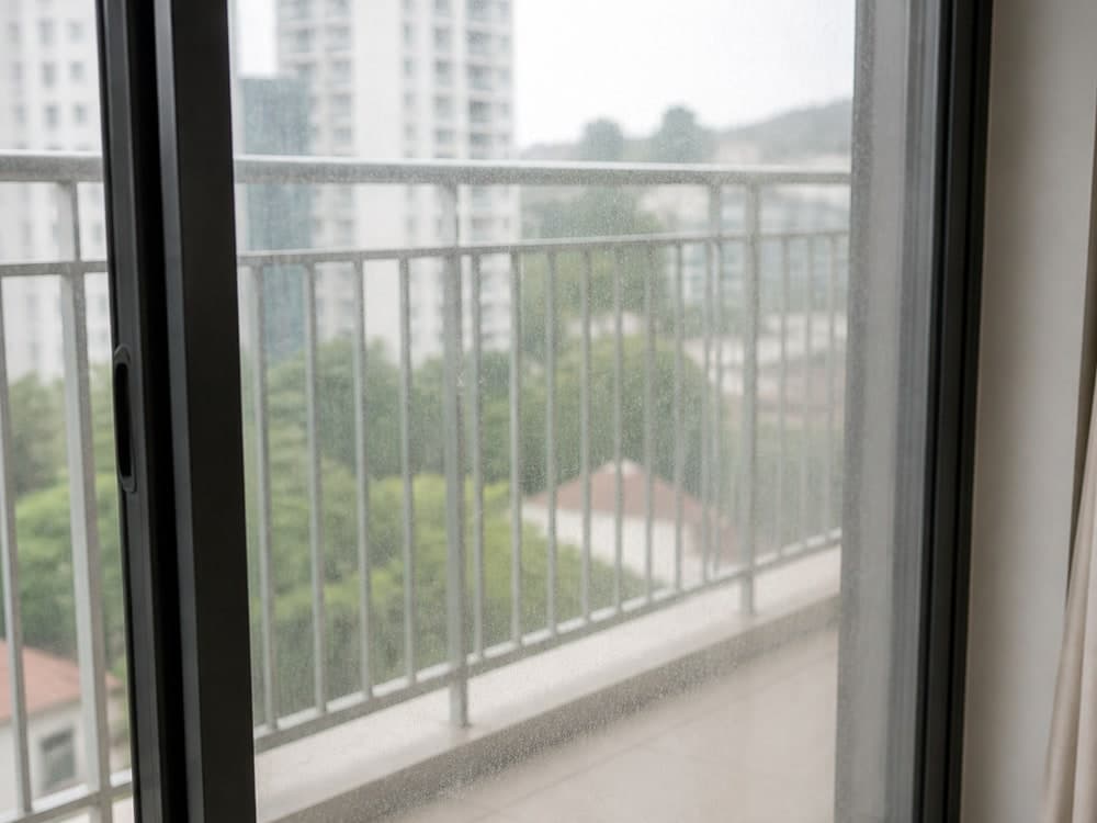 Glass sliding door — streaked and dusty