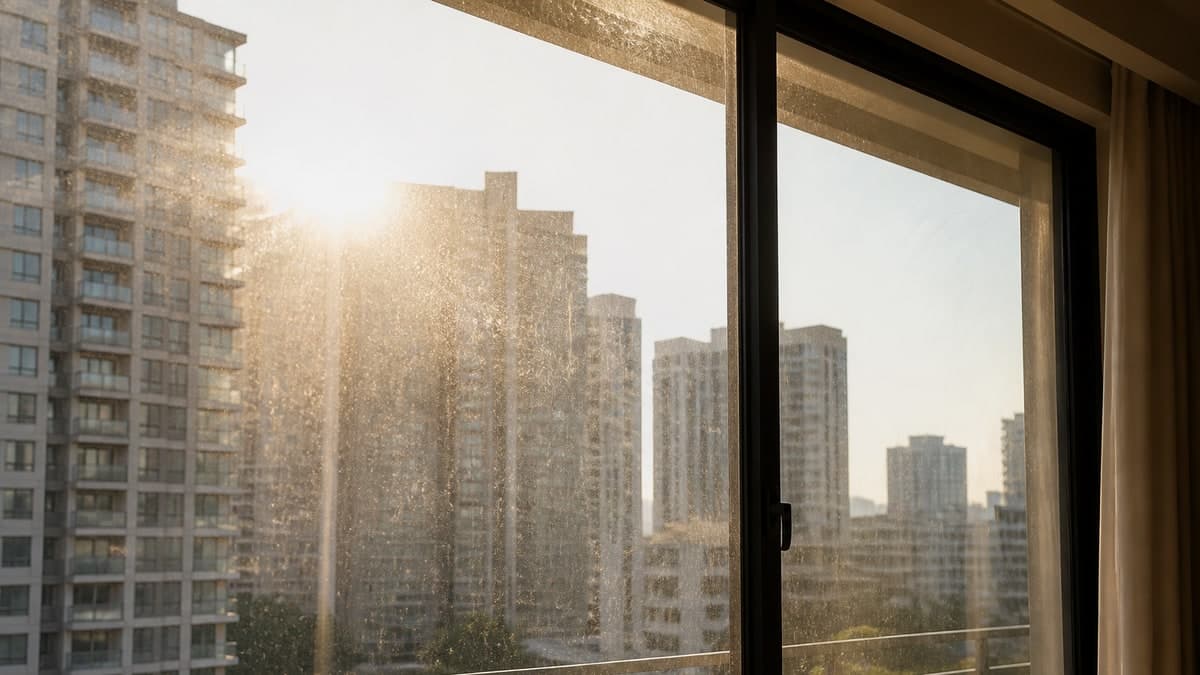 Streaked, dusty window glass with visible smudges in daylight