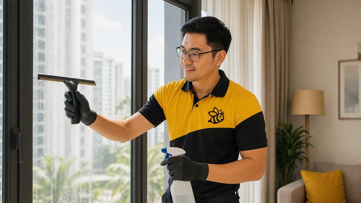 Yellowbee technician squeegeeing a window in a Penang home
