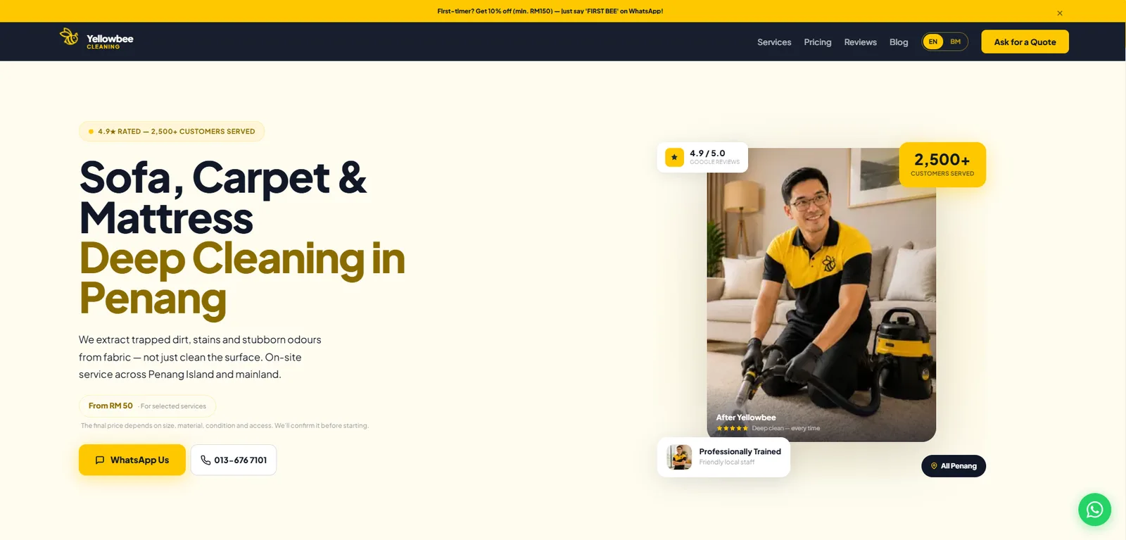 Yellowbee Cleaning homepage screenshot