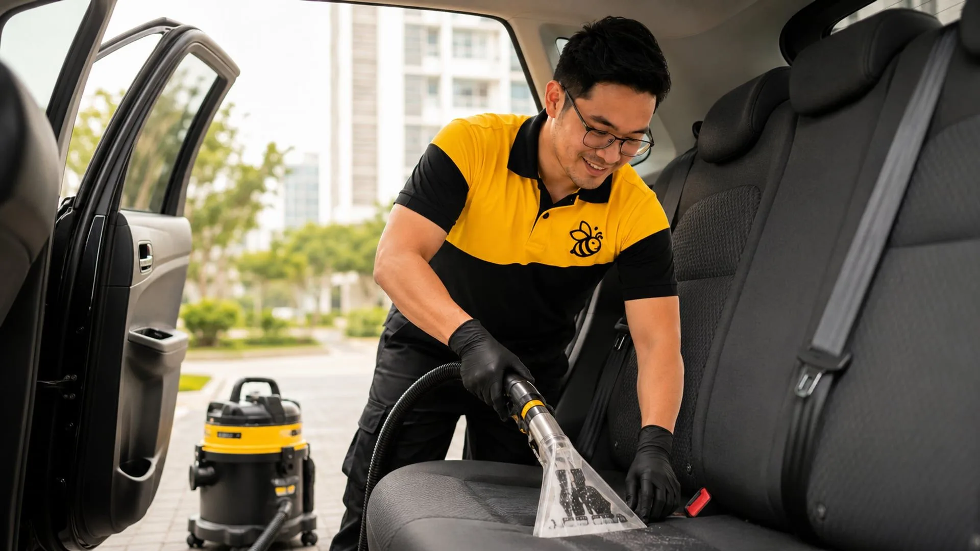 Yellowbee technician extraction-cleaning a rear car seat in Penang