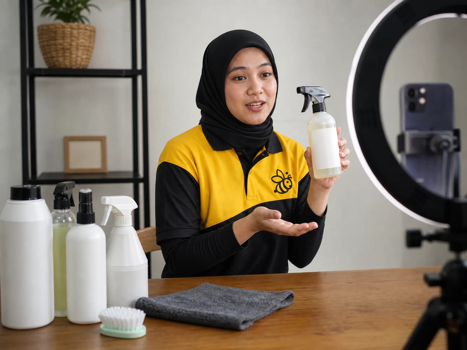 Hos live Yellowbee memperkenalkan produk dan servis pembersihan kepada kamera semasa sesi live TikTok