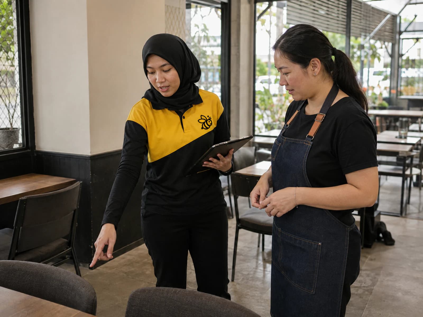 Pembantu jualan Yellowbee bertemu pelanggan perniagaan untuk penilaian cucian di tapak, di Pulau Pinang
