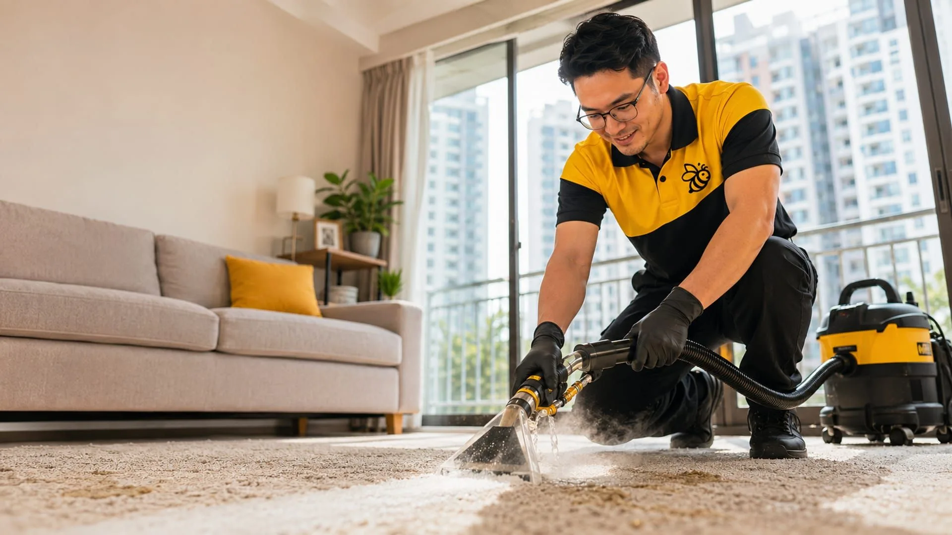 Yellowbee technician performing water extraction on a Penang living room carpet