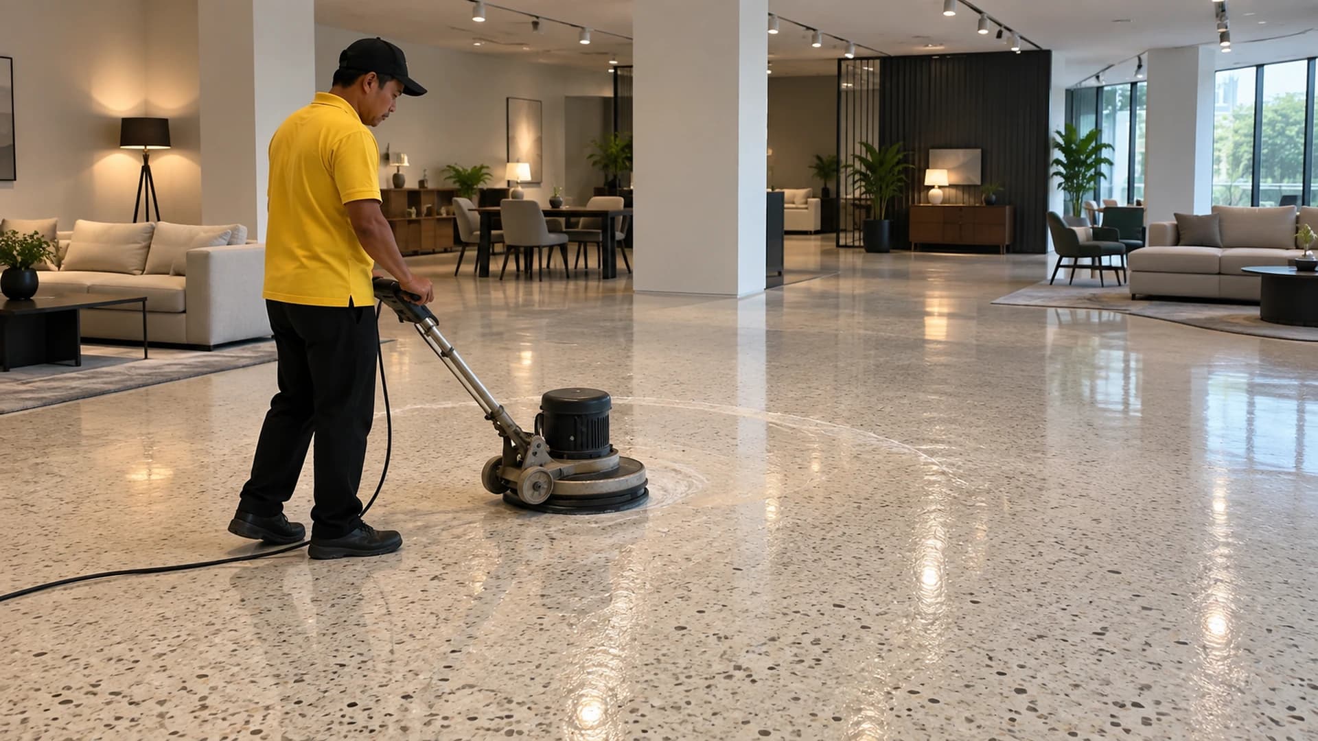 A Yellowbee technician polishing a pale speckled terrazzo floor in a furniture showroom