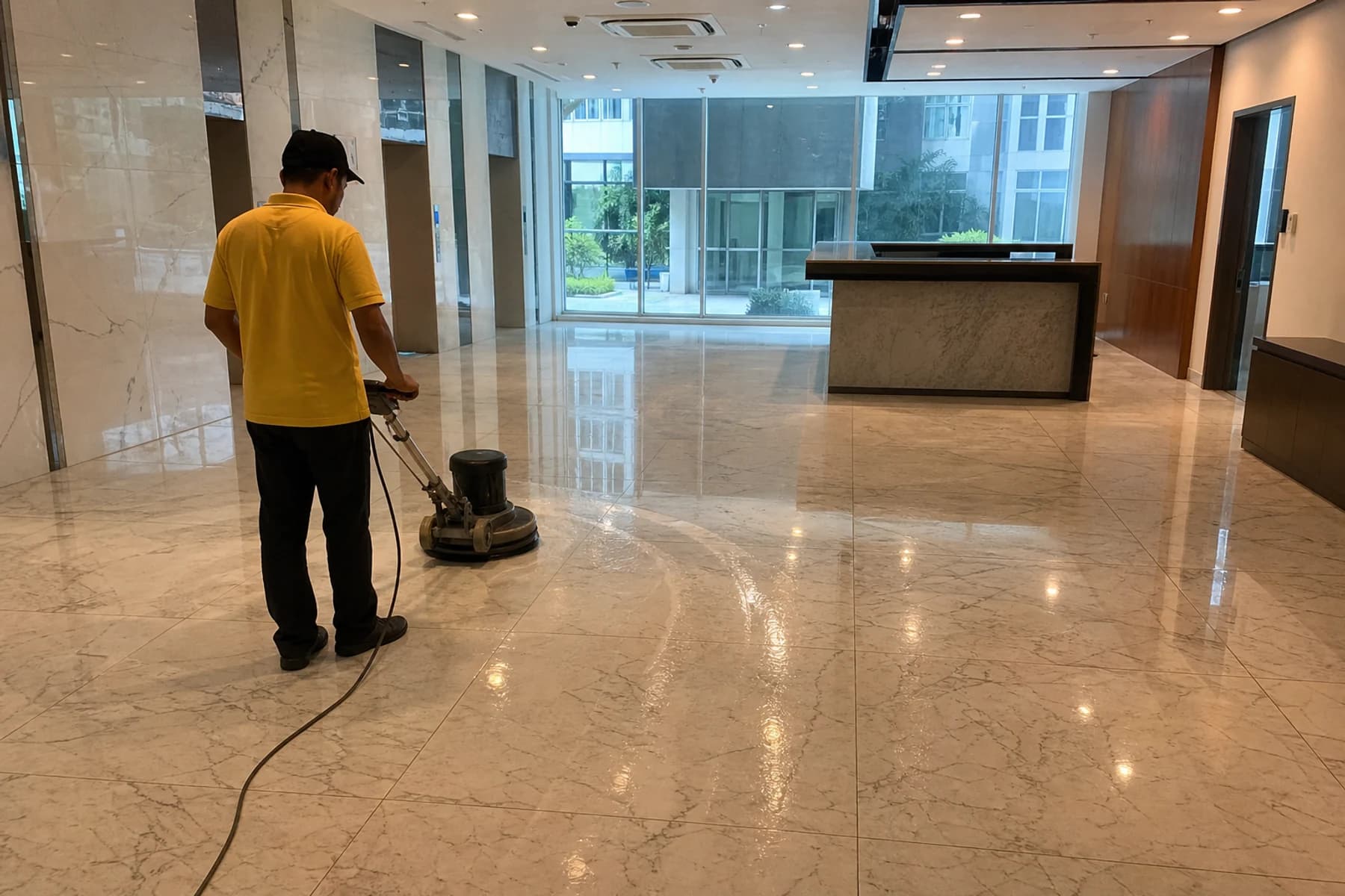 Yellowbee technician polishing a large marble lobby floor to a mirror shine in a Penang office building