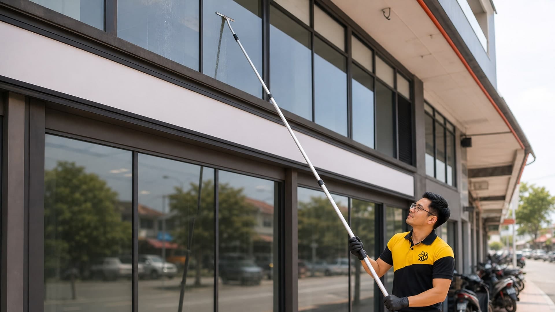 Yellowbee technician using a long extension-pole squeegee to clean upper-floor glass on a Penang shop-lot facade