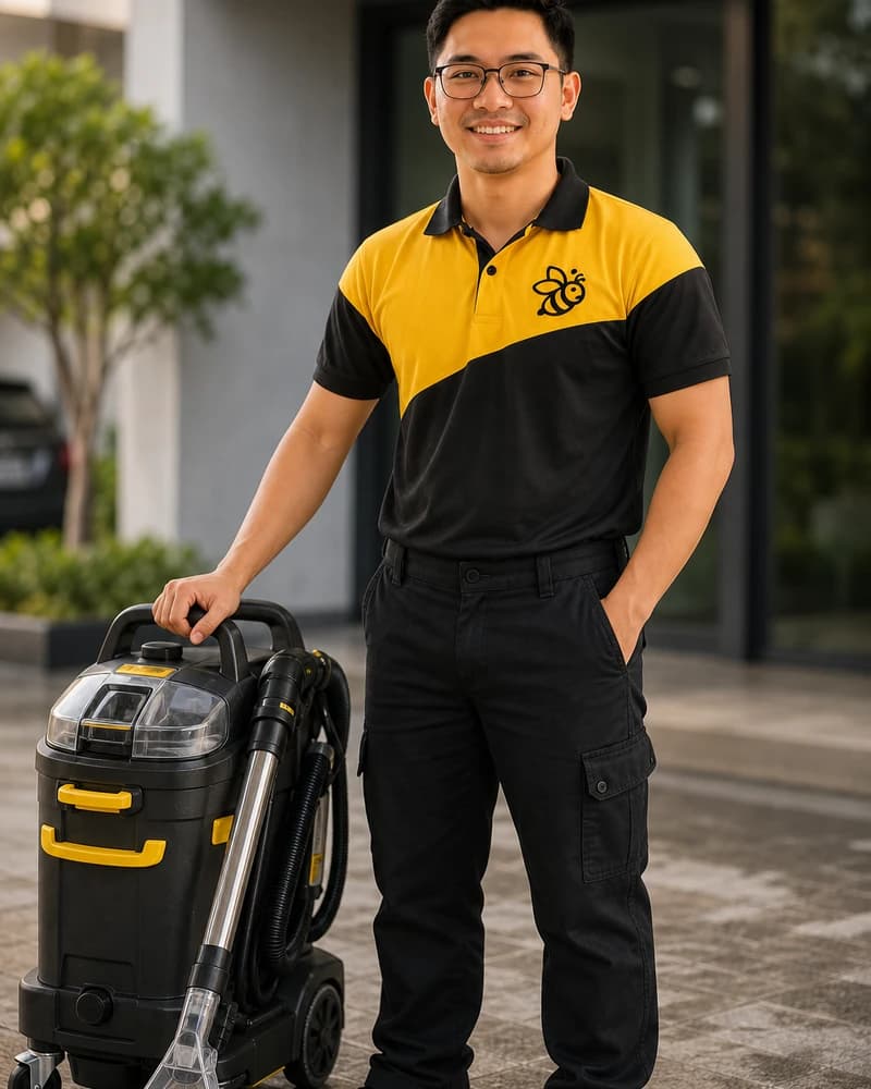 A Yellowbee Cleaning technician in branded uniform with a portable extraction unit