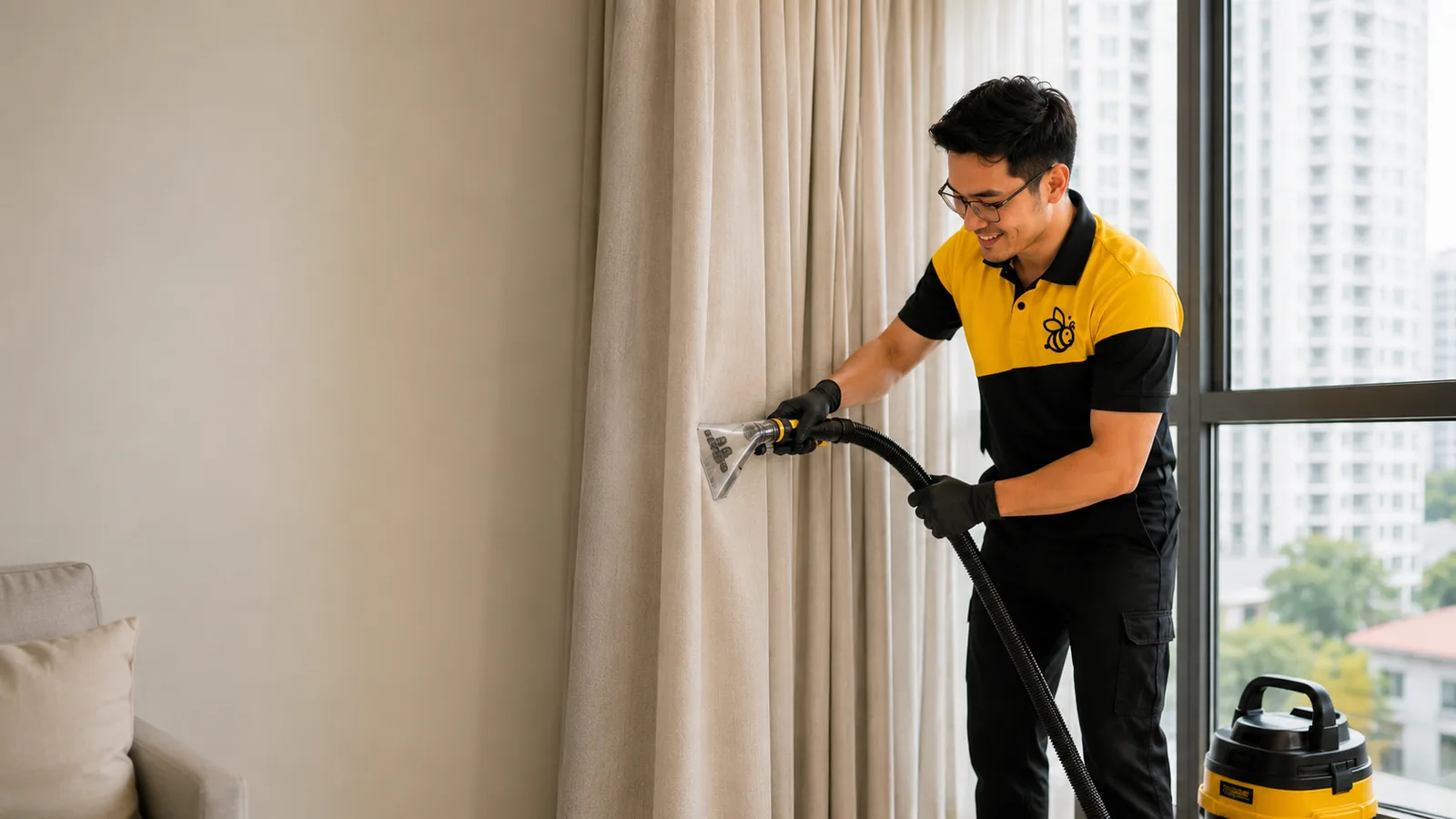 Yellowbee technician cleaning curtains in a Penang condo