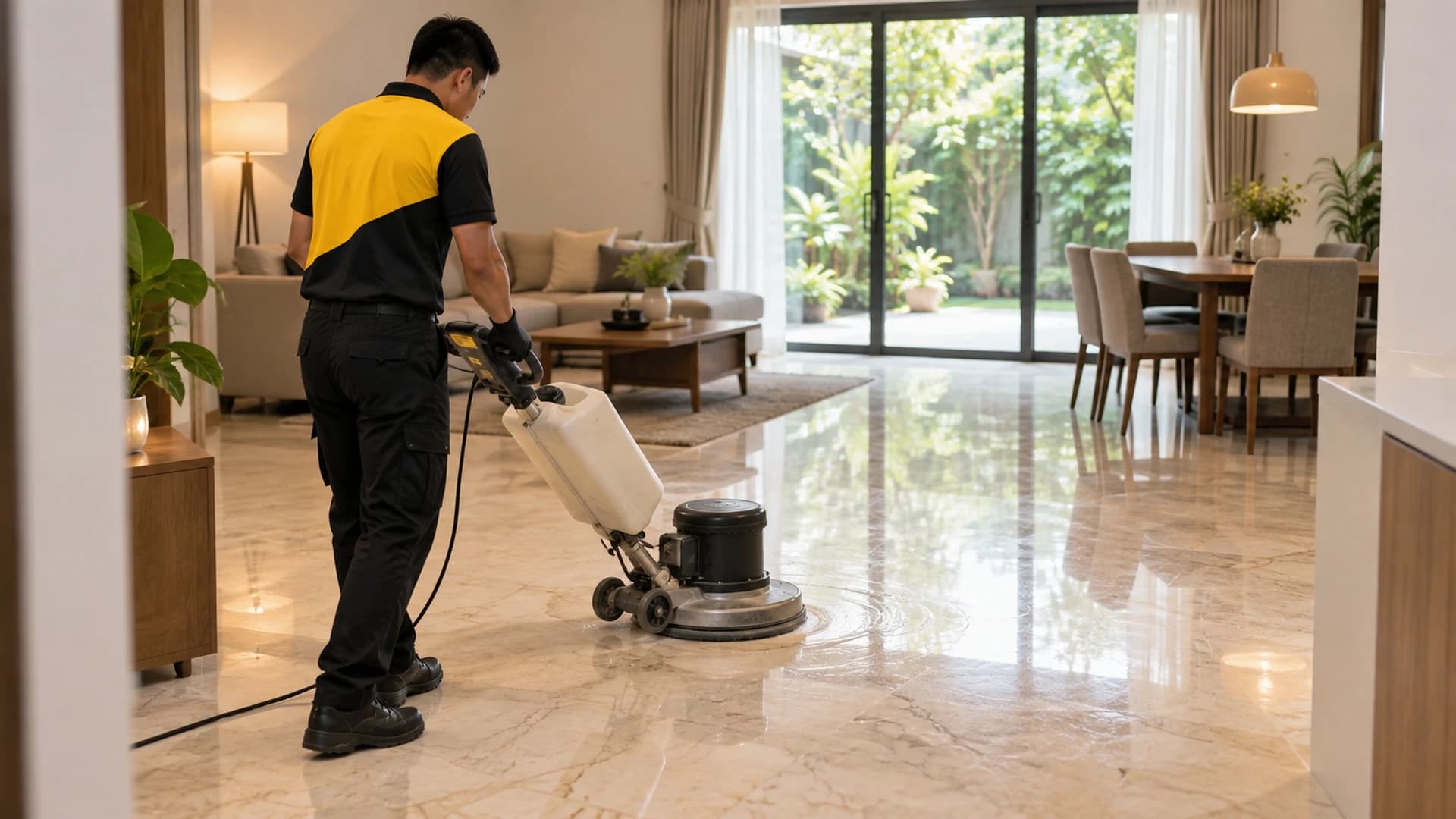 A Yellowbee technician polishing cream marble flooring in a home living and dining area