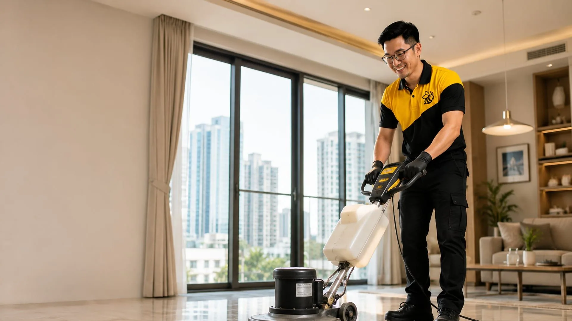 Yellowbee technician polishing a marble floor to a mirror shine in a Penang home