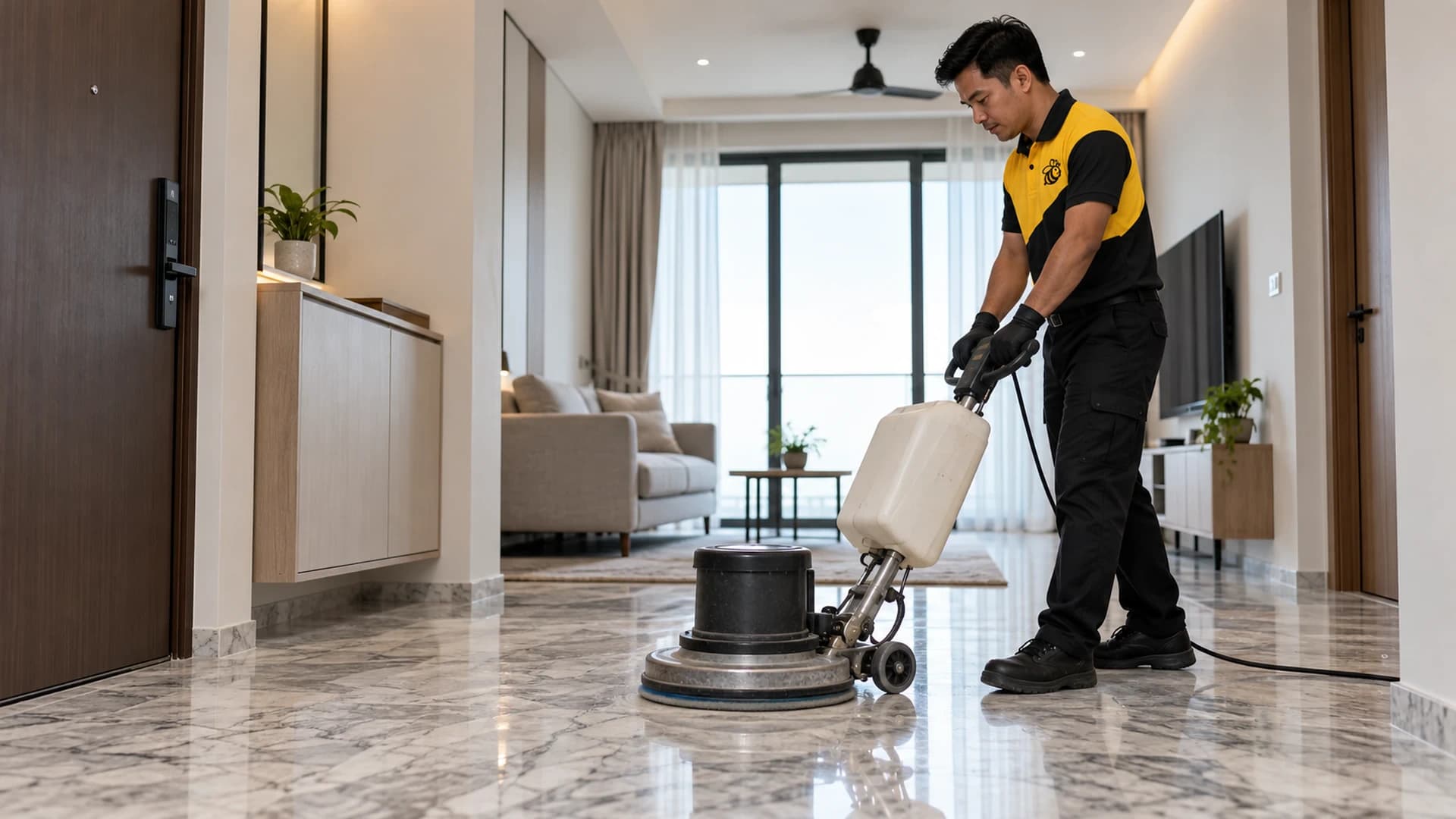 A Yellowbee technician polishing veined grey-white marble flooring in a condominium living area