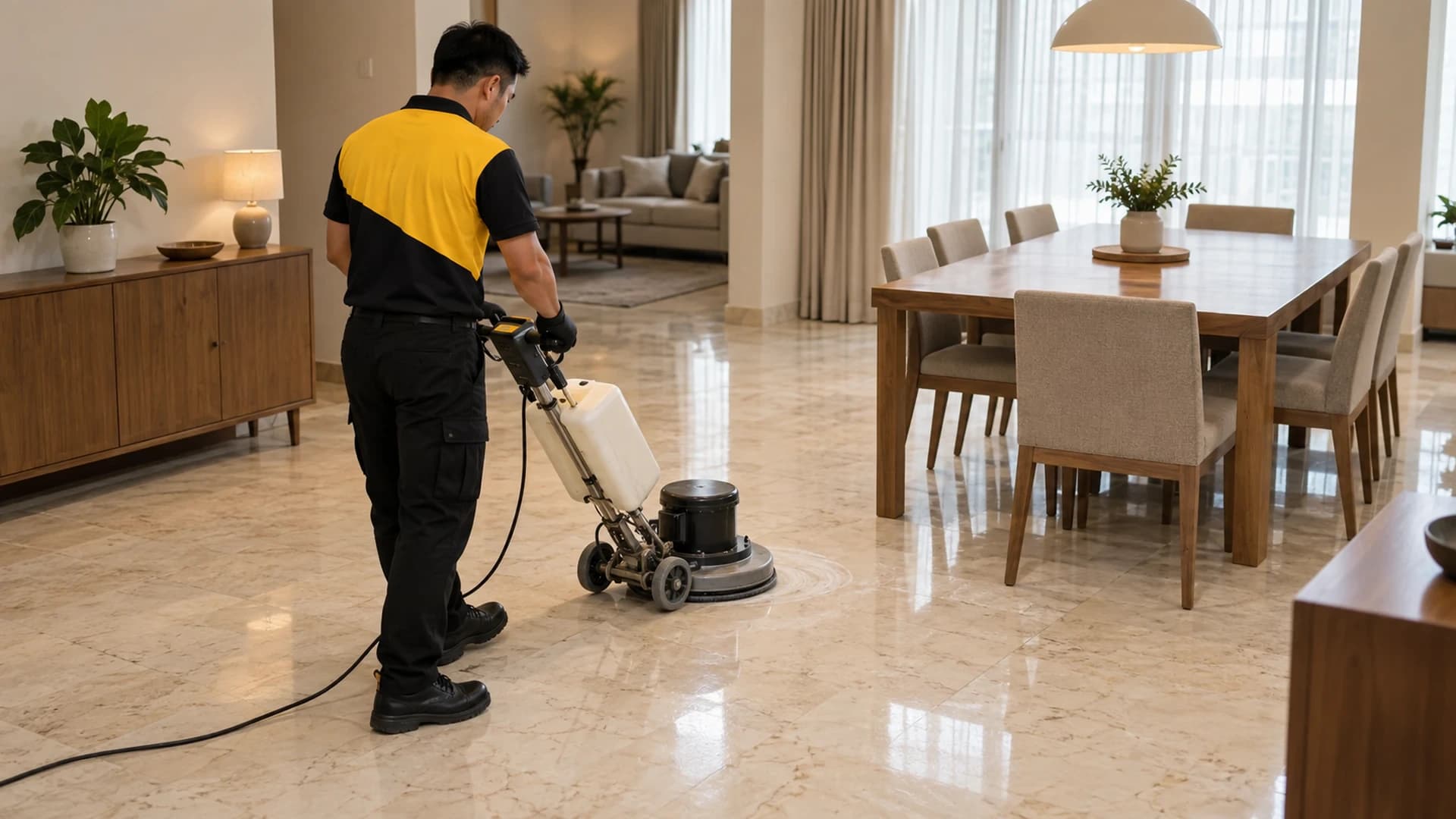 Juruteknik Yellowbee menggilap lantai marmar warna beige pudar di rumah konsep terbuka