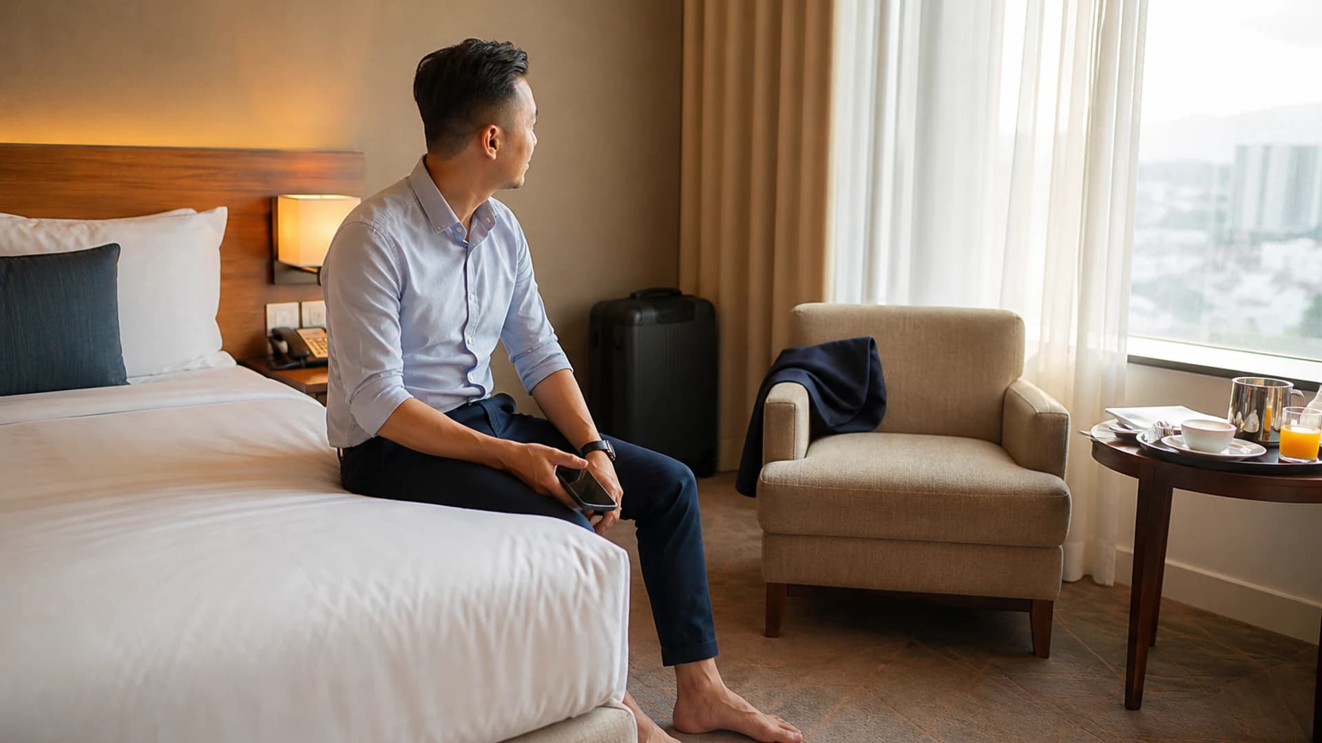 Hotel guest relaxing on a well-used mattress and sofa in a Penang hotel guestroom