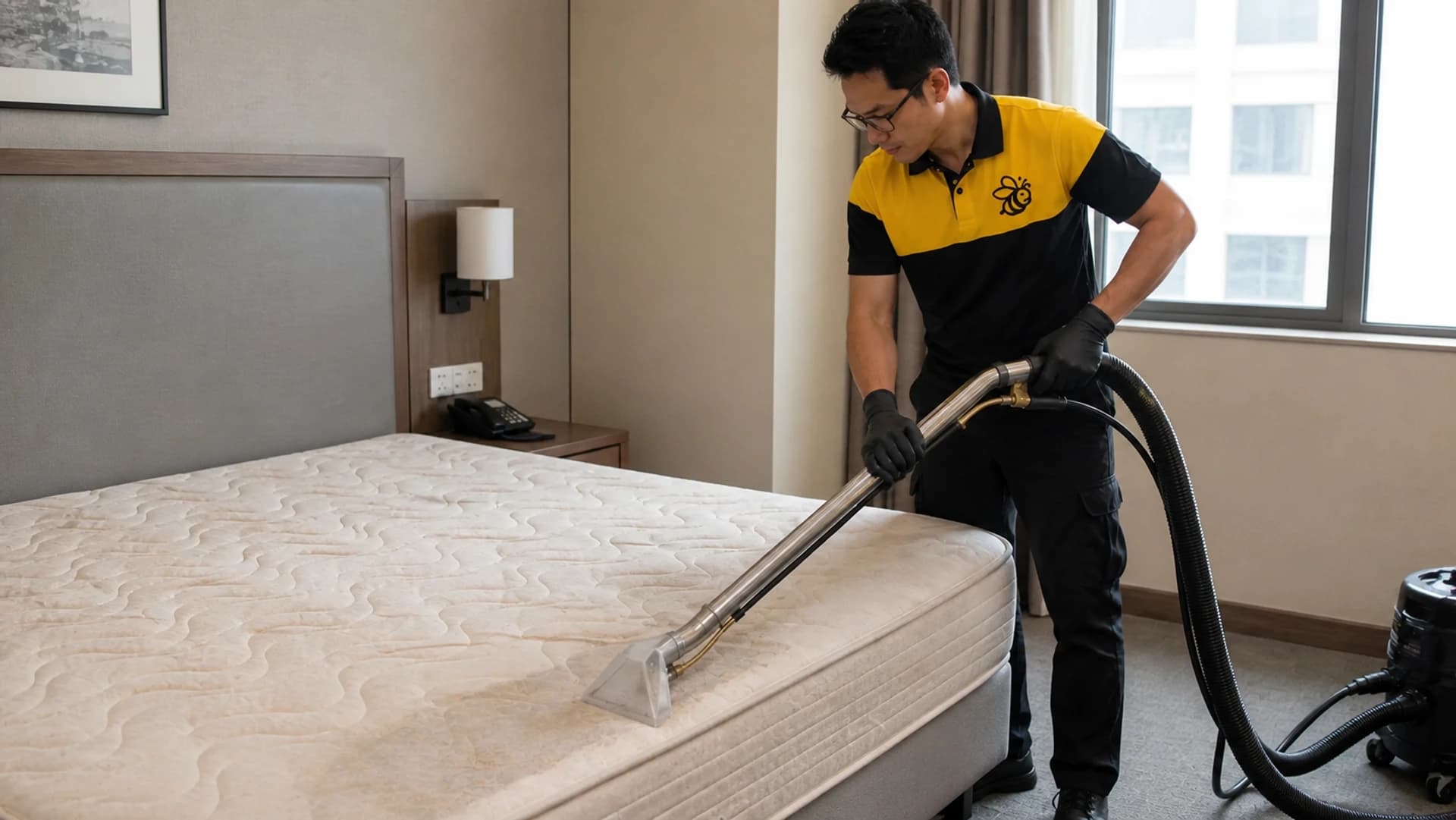 Yellowbee technician deep cleaning a hotel guestroom mattress in Penang