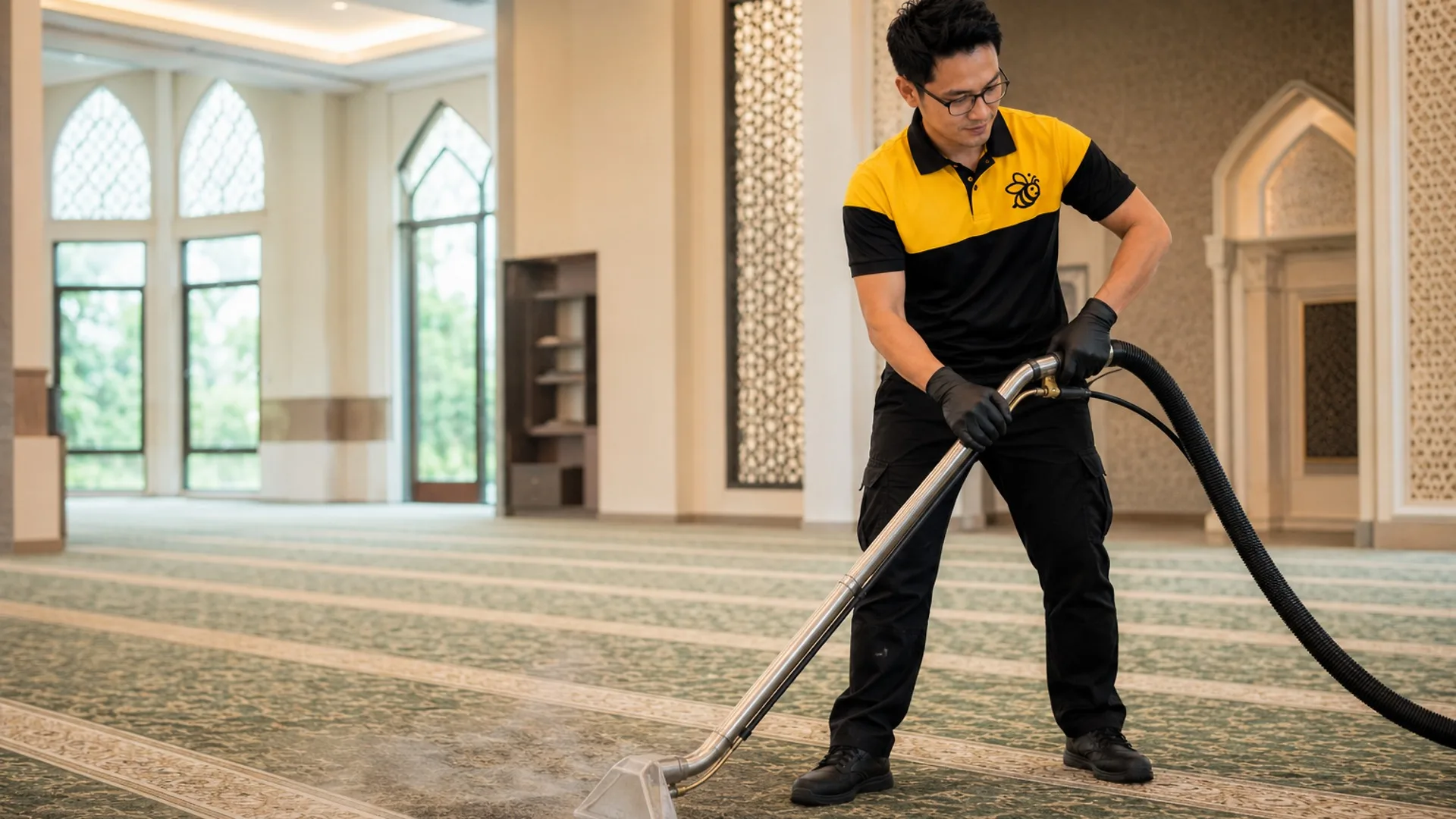 Yellowbee technician full-extraction cleaning a mosque/surau prayer hall carpet