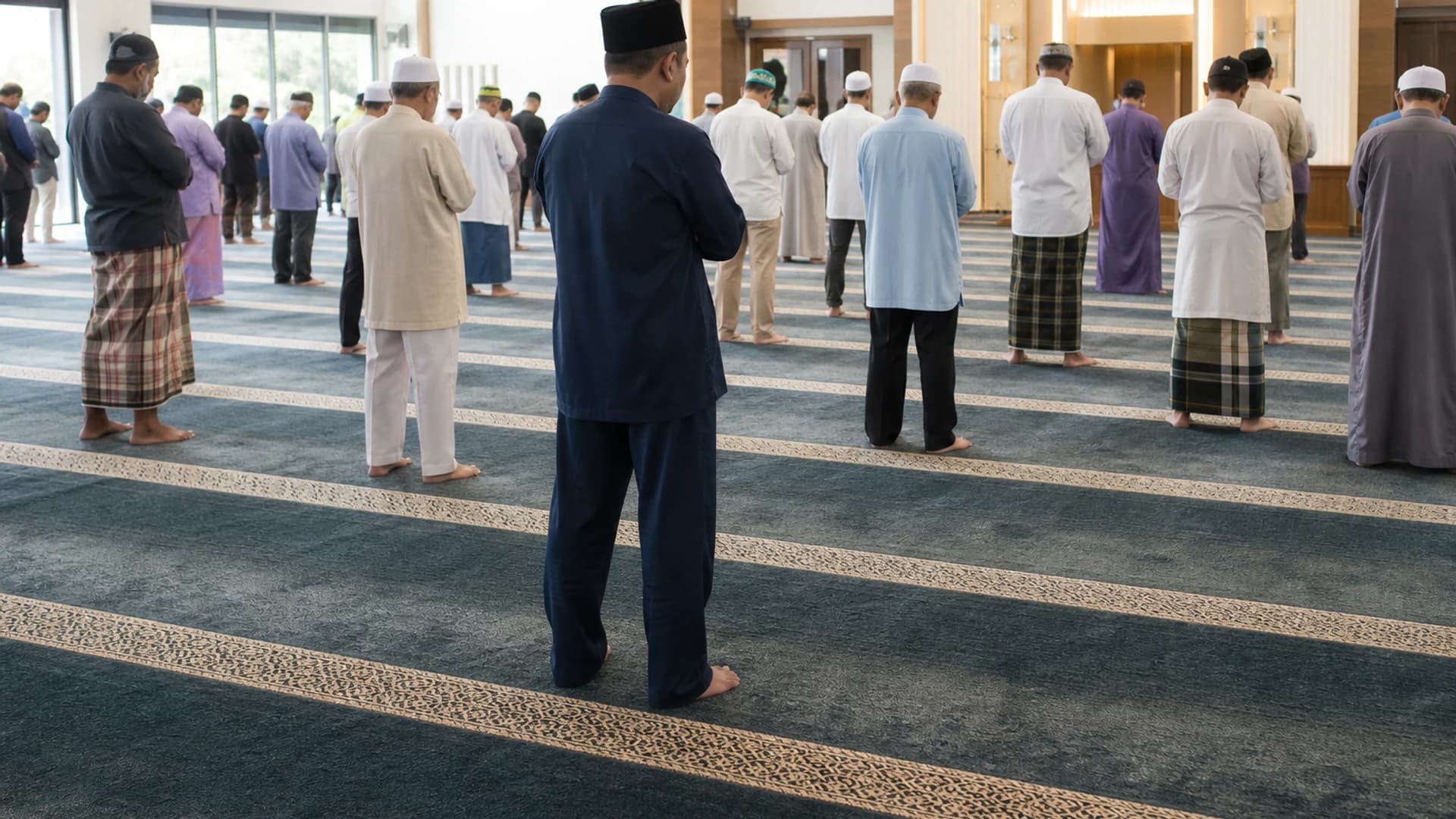Jemaah bersolat berbaris di atas karpet dewan solat sebuah masjid di Pulau Pinang