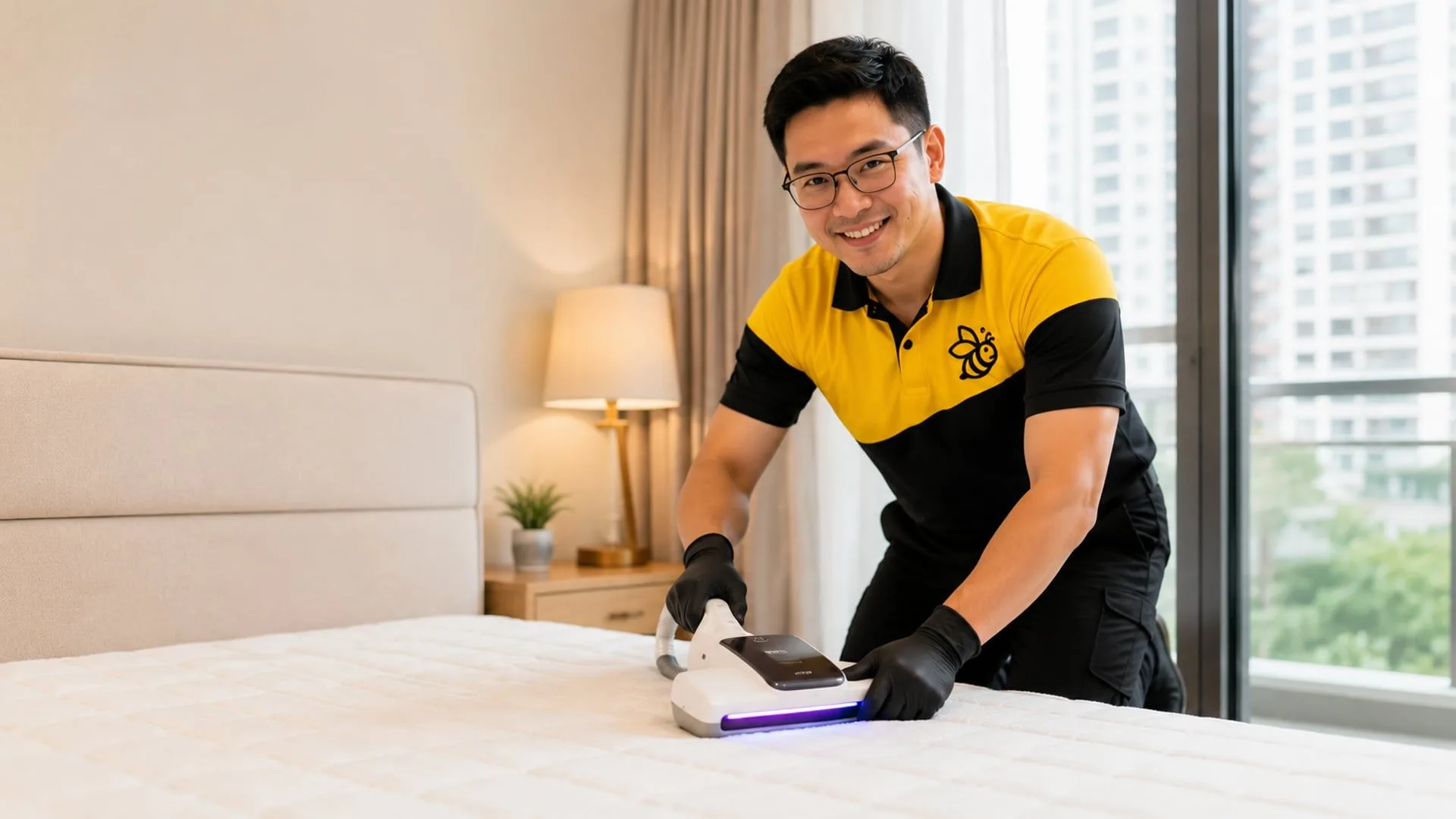 Yellowbee technician deep-cleaning a mattress in a Penang bedroom
