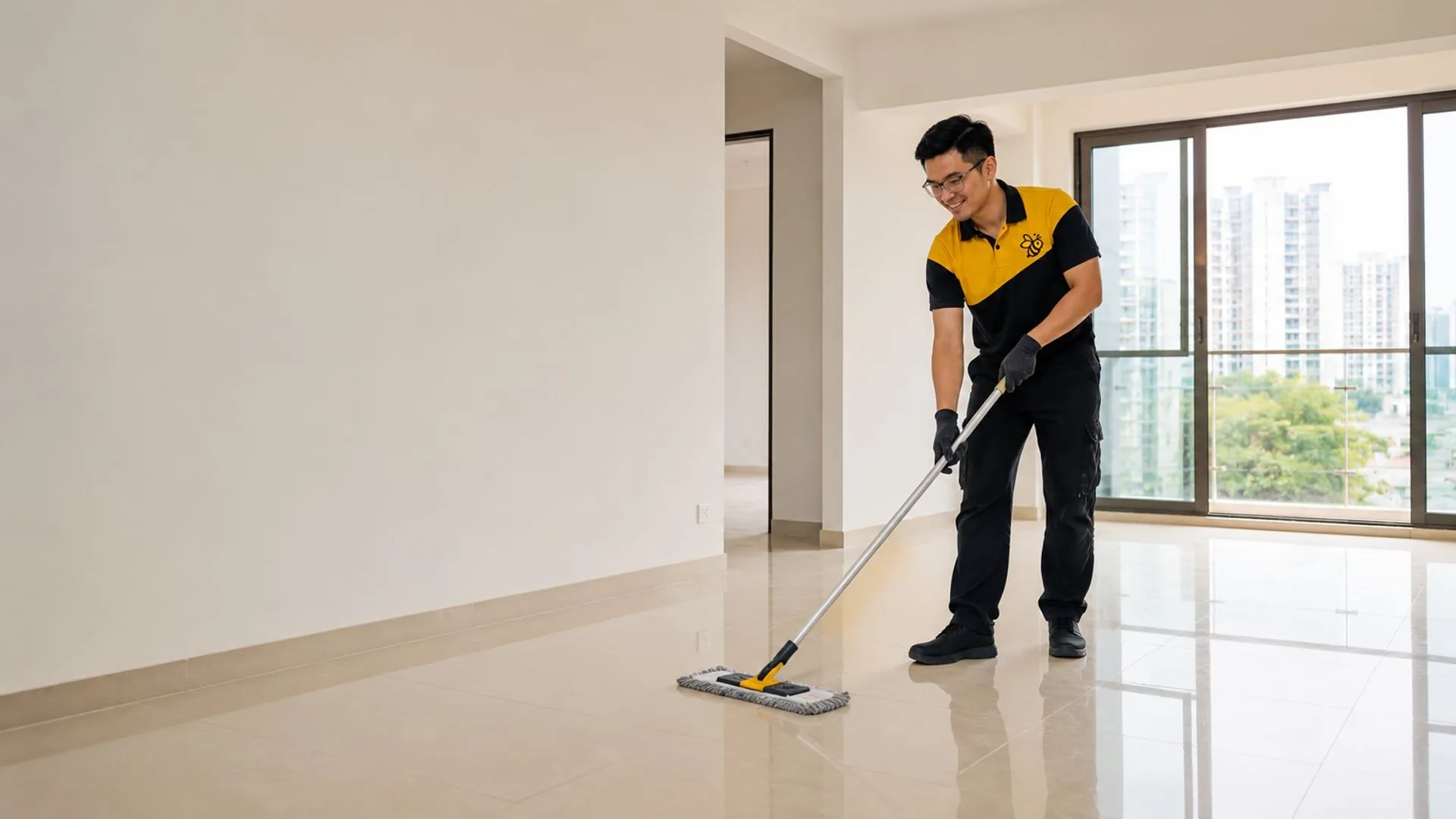 Yellowbee technician mopping the floor of an empty apartment before move-in