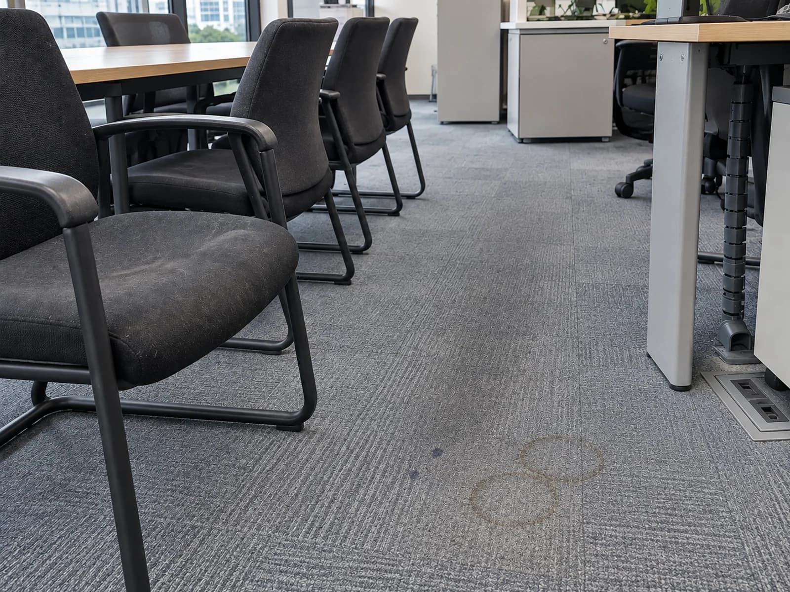 Worn office carpet with coffee-cup rings near a workstation and a row of dulled, dusty meeting-room chairs