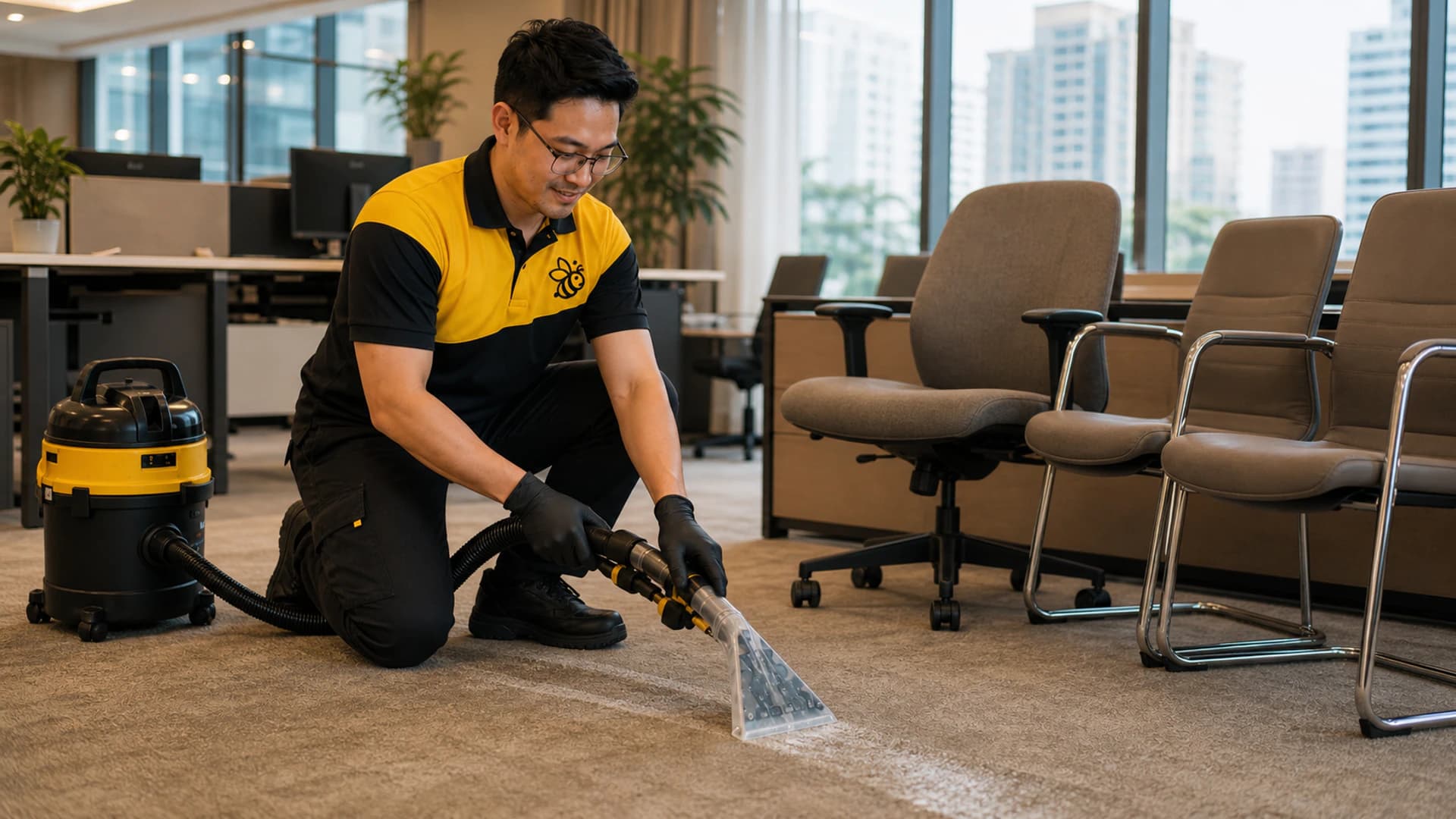 Yellowbee technician cleaning office carpet and stacked meeting chairs in a Penang office