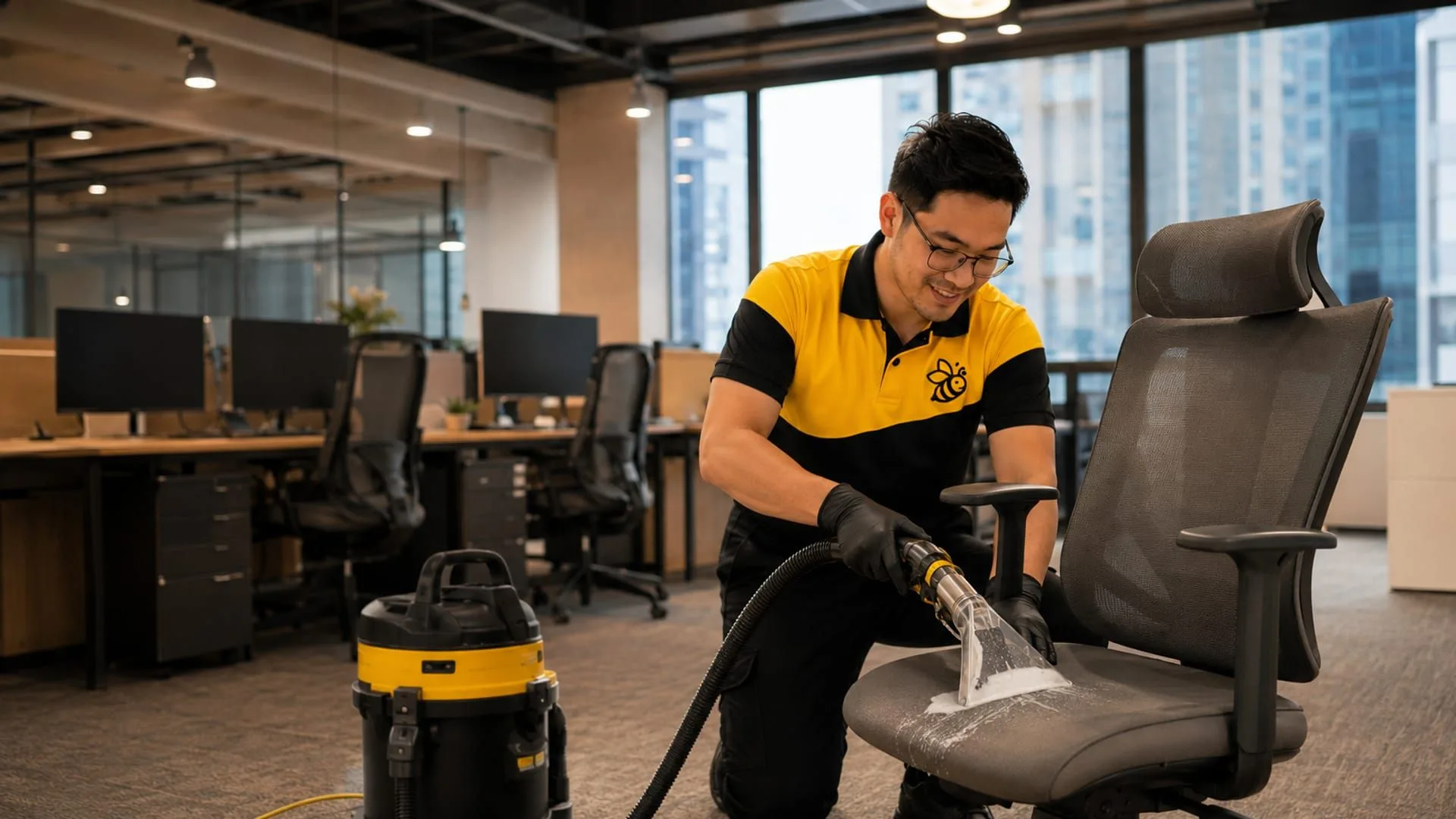 Yellowbee technician deep cleaning an office chair in a Penang co-working space
