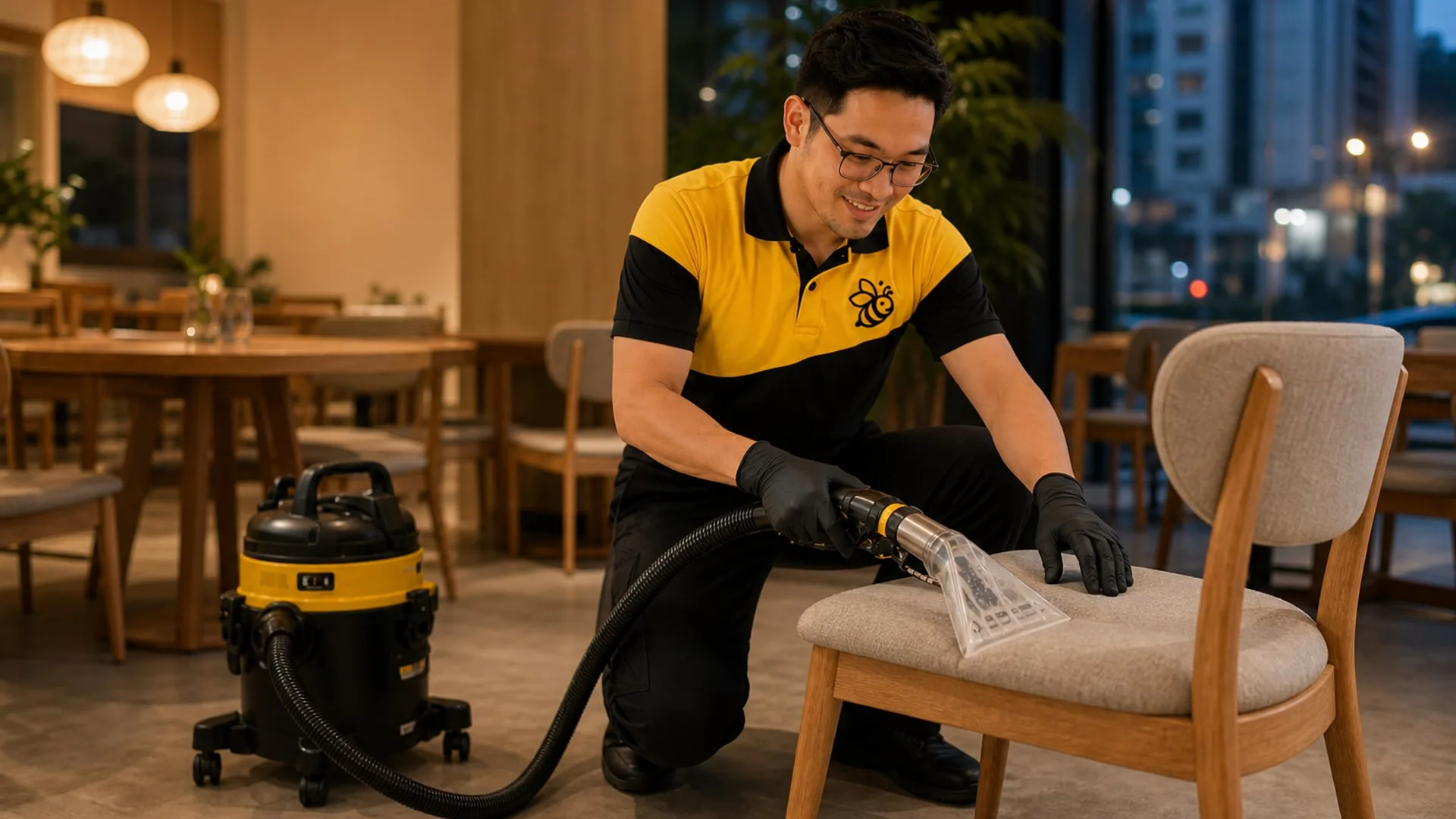 Yellowbee technician cleaning a dining chair in a Penang restaurant