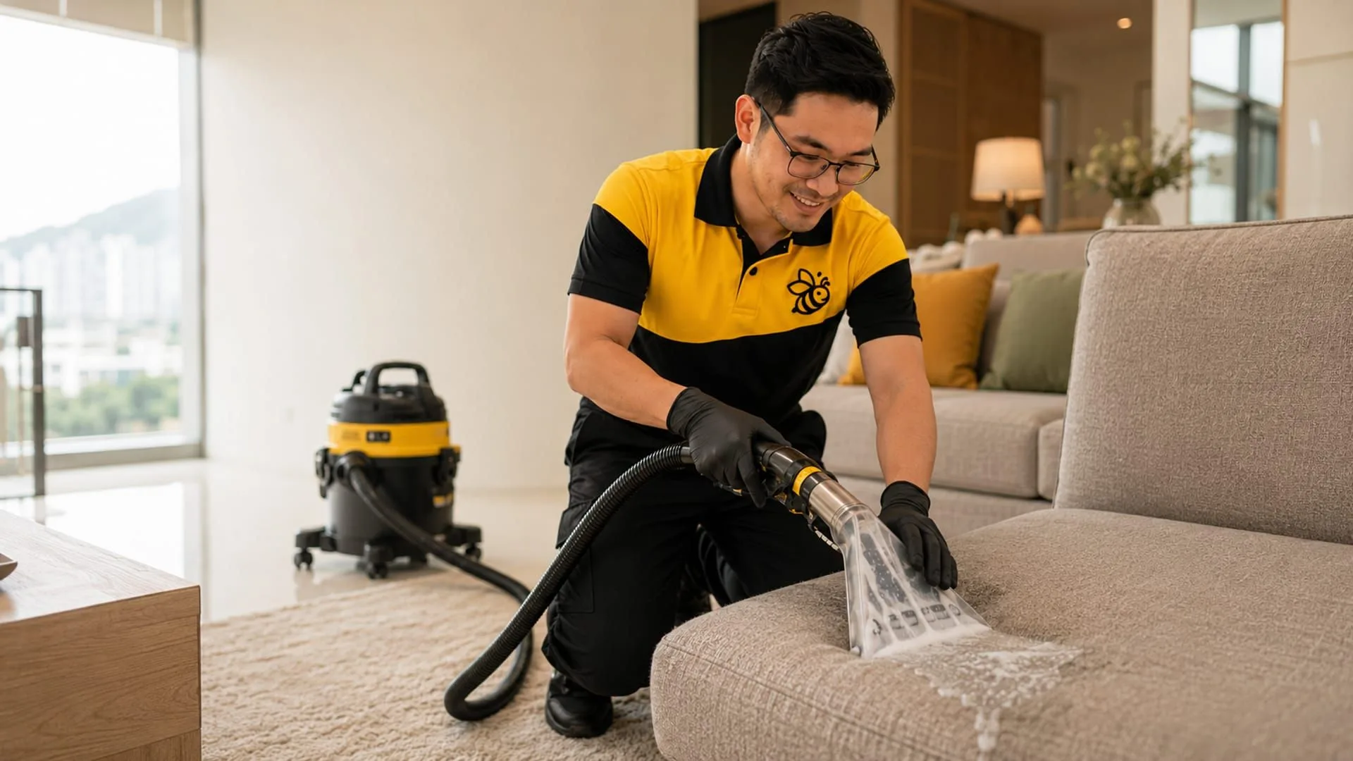 Yellowbee technician extraction-cleaning a fabric sofa in a Penang living room