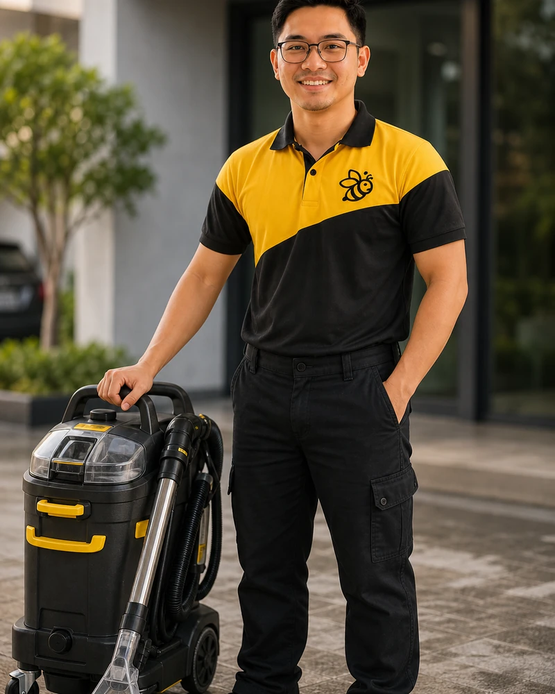 A Yellowbee Cleaning technician in branded uniform with a portable extraction unit